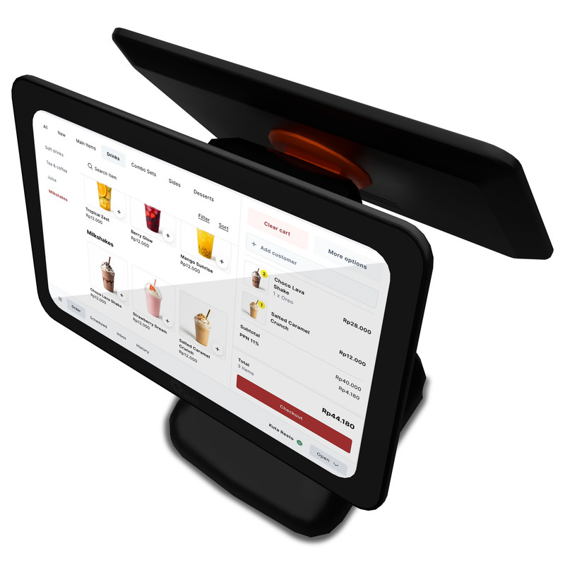 Un terminal POS de doble pantalla con una interfaz de pedidos de comida y pago.