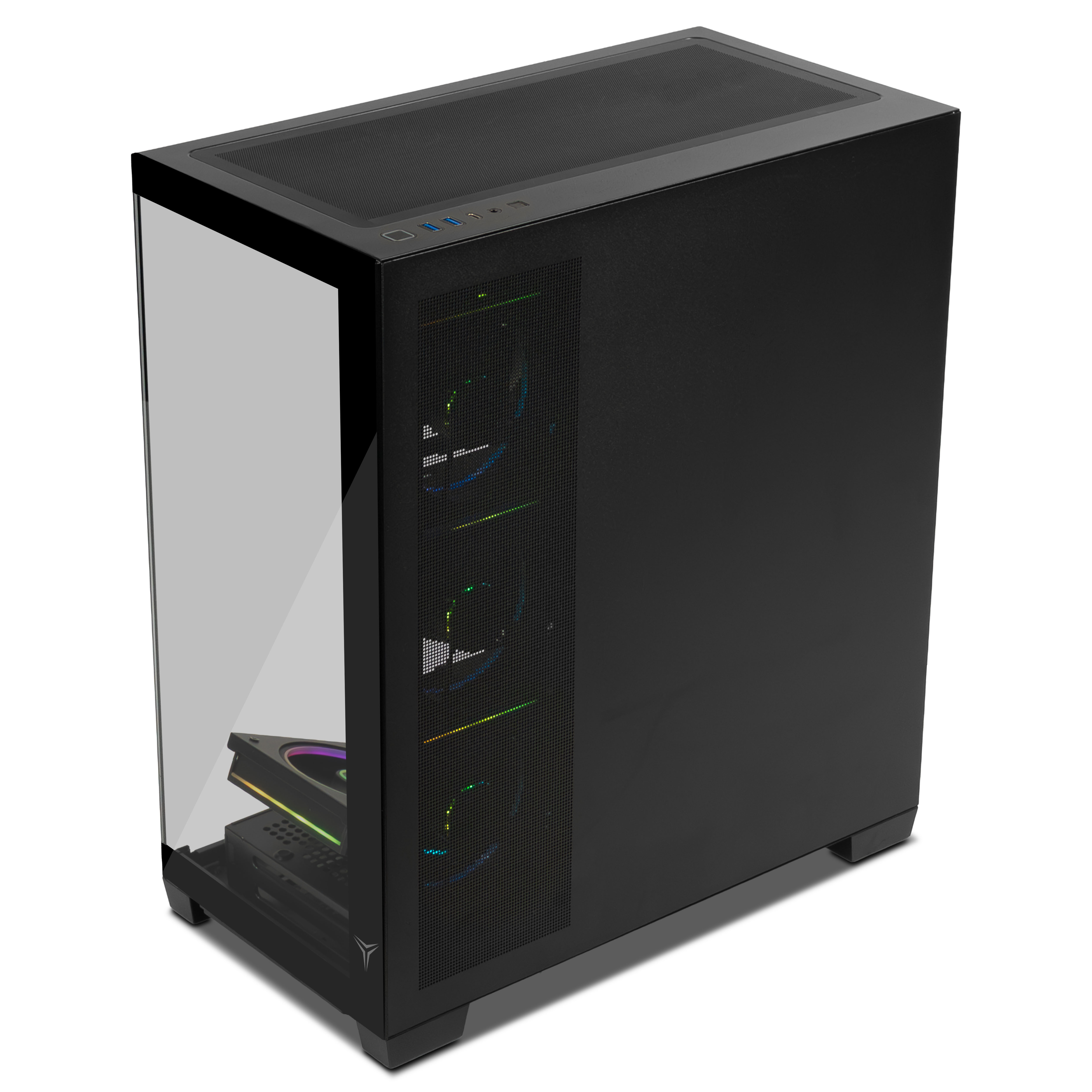 Torre de PC negra con panel lateral de cristal y rejillas de ventilación.
