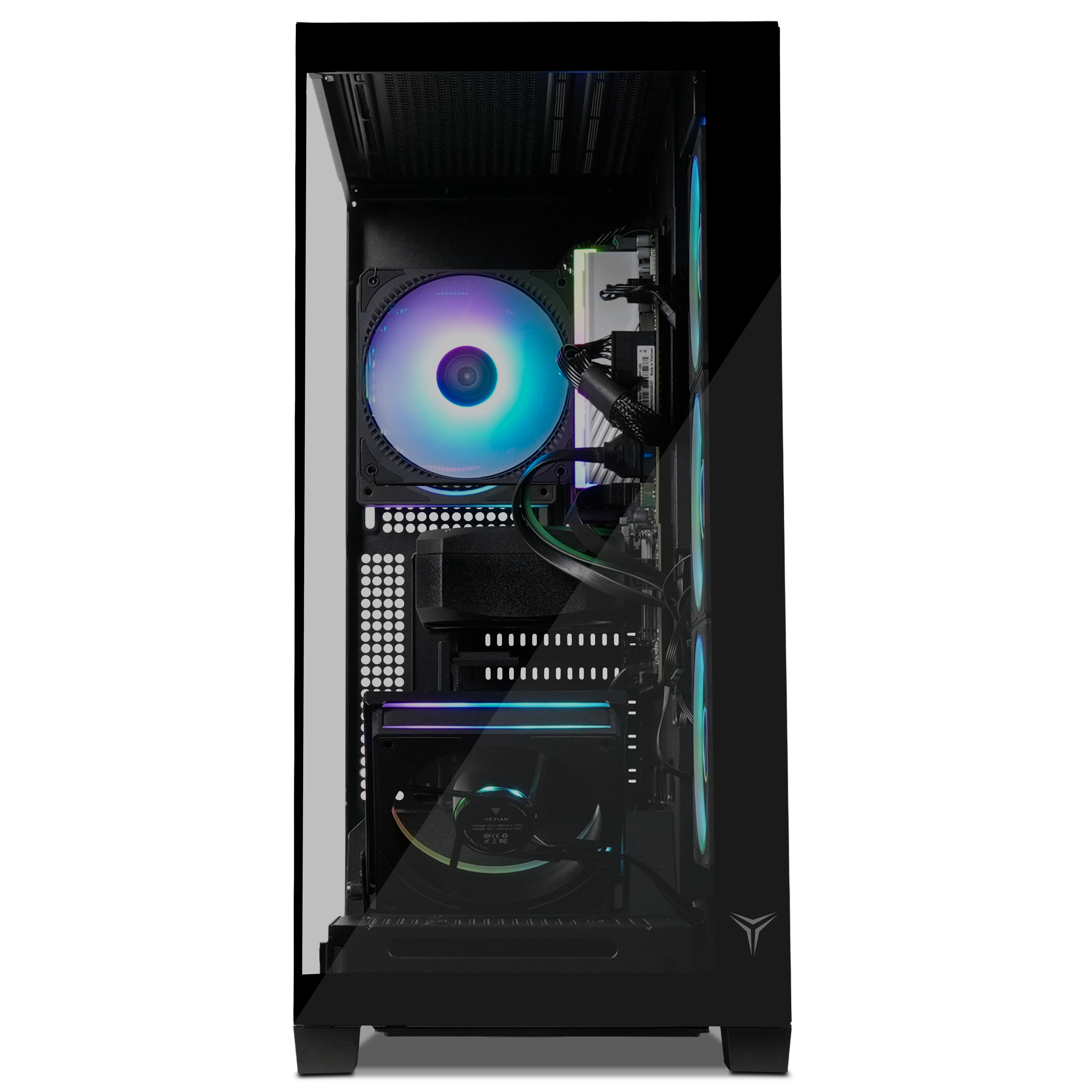 Una torre de PC negra con iluminación RGB en los ventiladores y componentes internos, vista a través de un panel lateral.