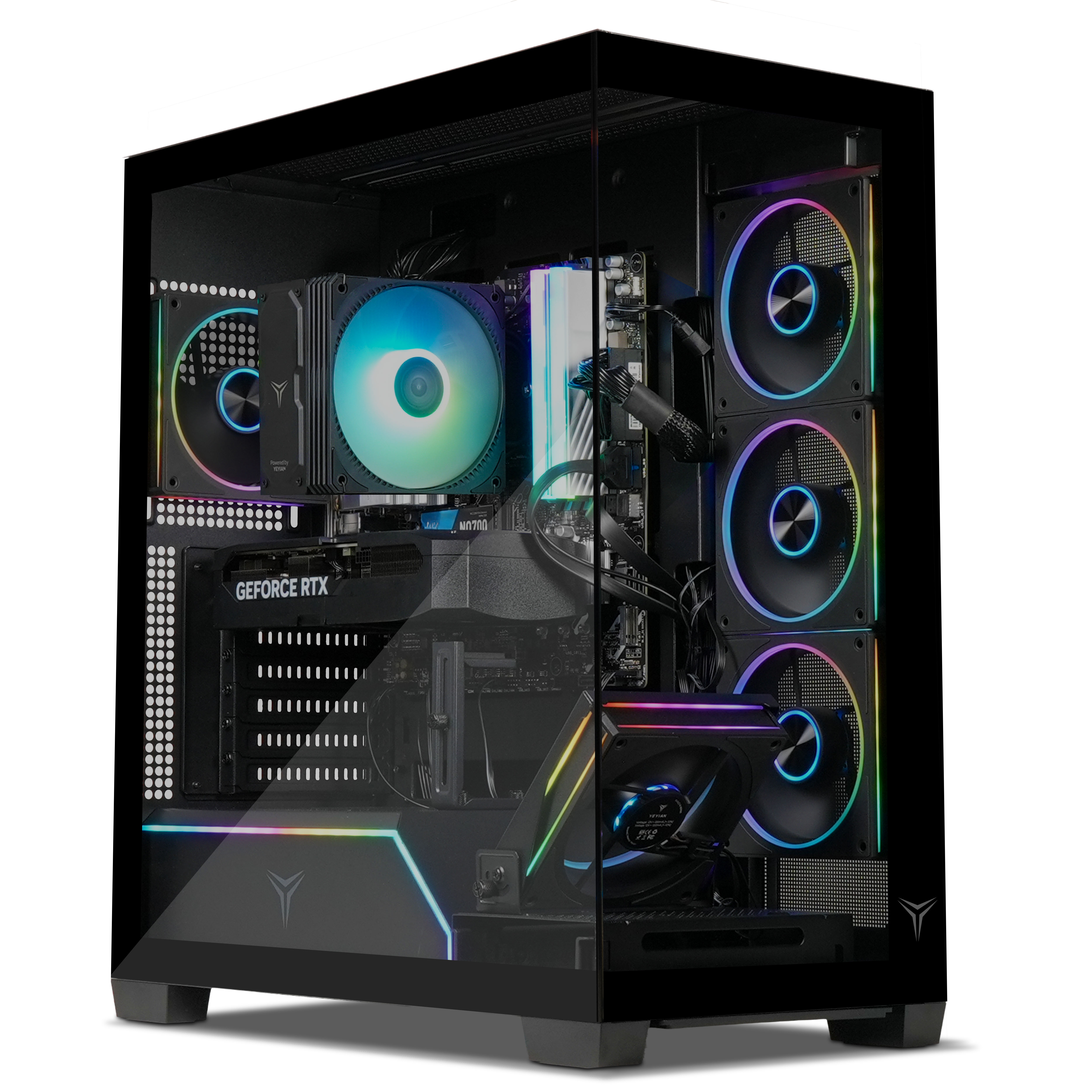 Un PC gaming negro con iluminación RGB, panel lateral transparente y tarjeta gráfica GeForce RTX.