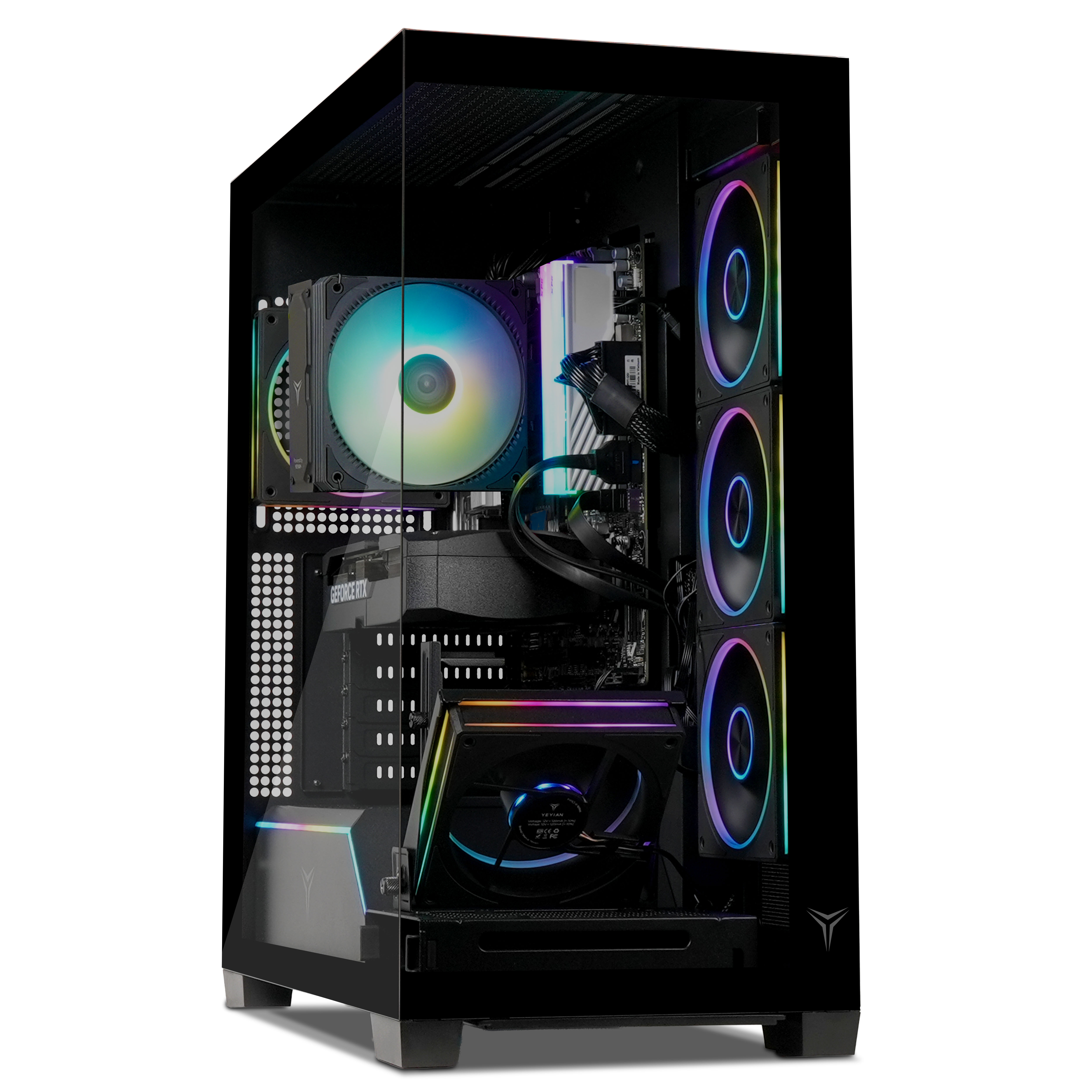 Una torre de computadora negra con laterales de vidrio muestra coloridos ventiladores RGB y hardware moderno.