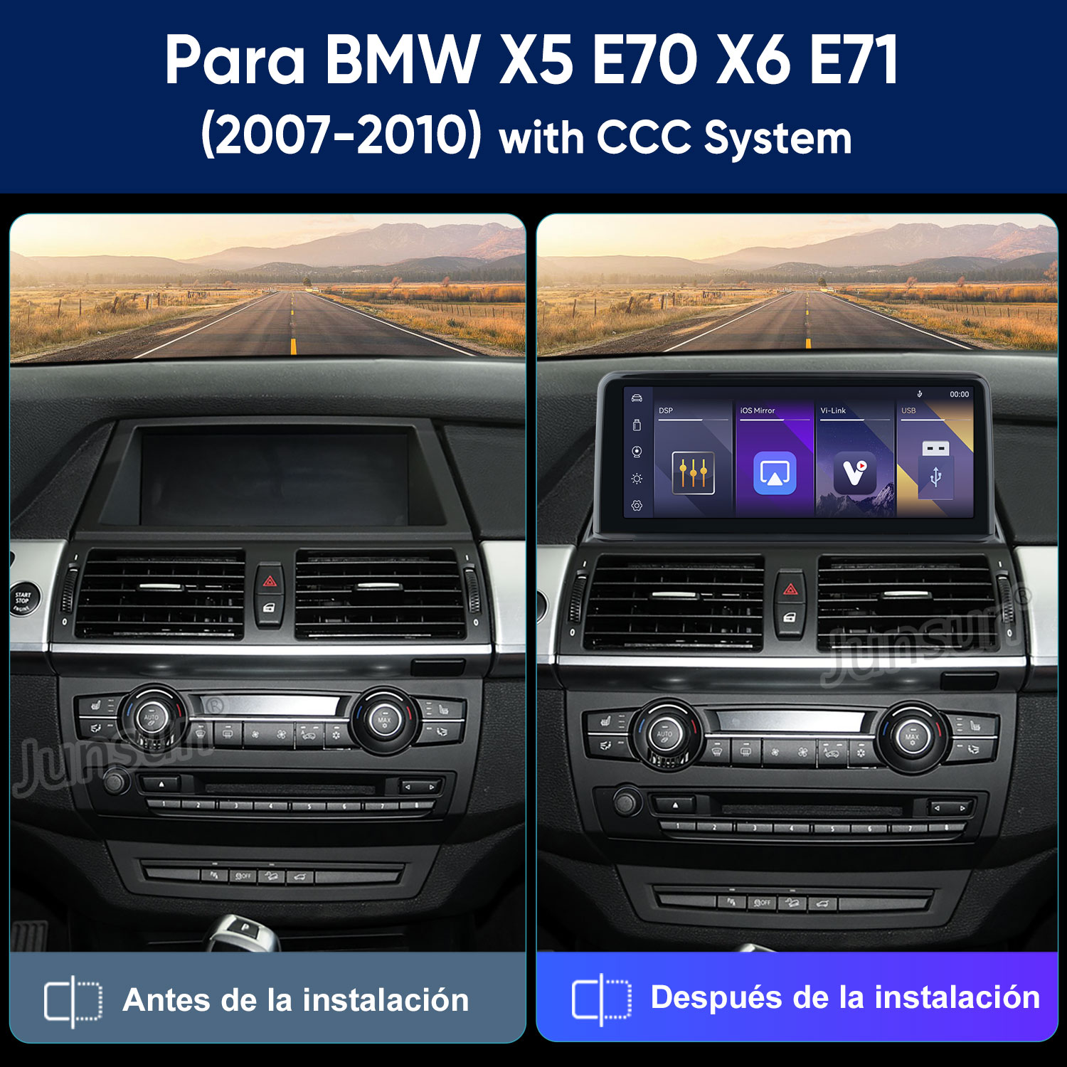 Comparación del salpicadero de un coche antes y después de instalar un nuevo sistema multimedia.