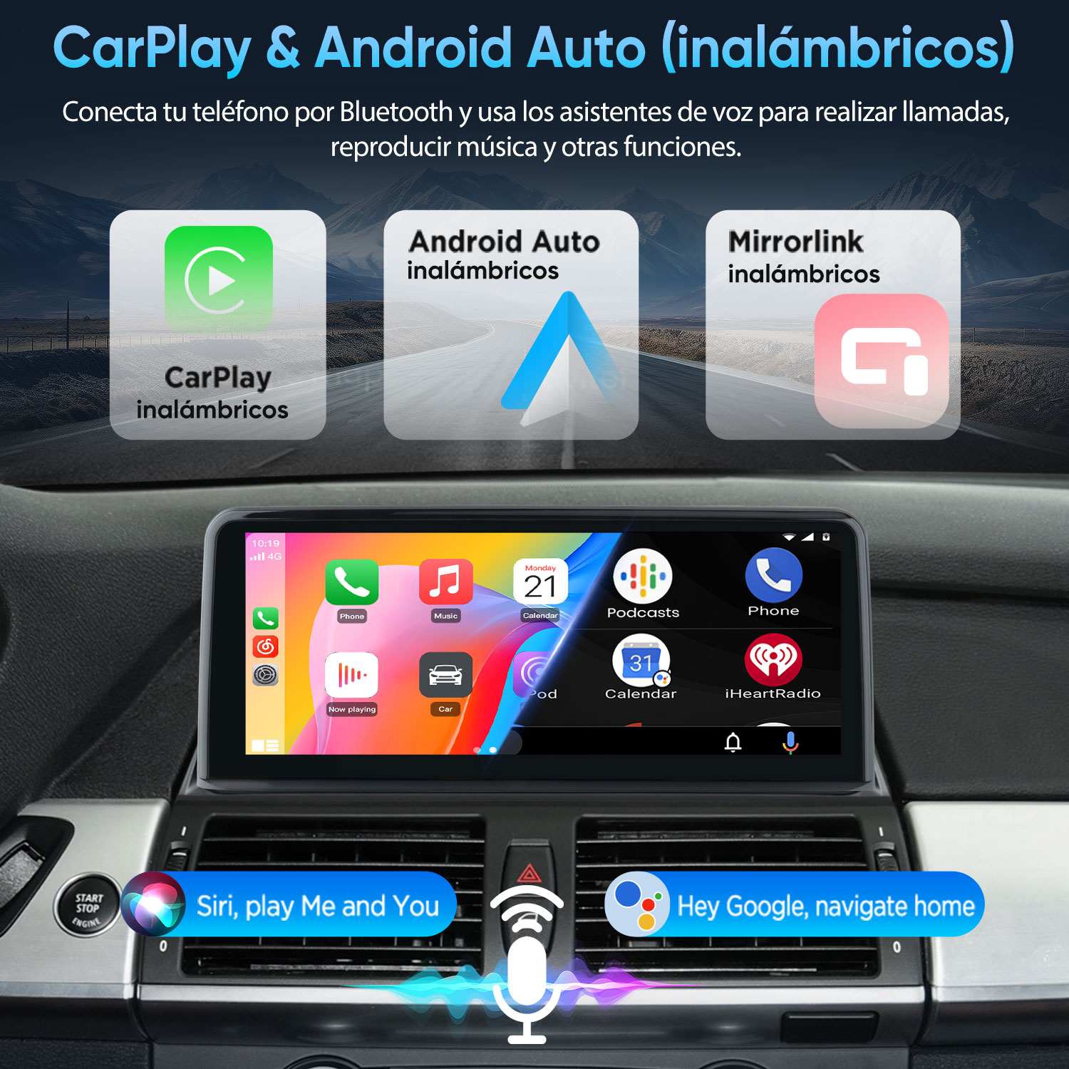 Una pantalla de infoentretenimiento de coche muestra iconos de CarPlay y Android Auto.