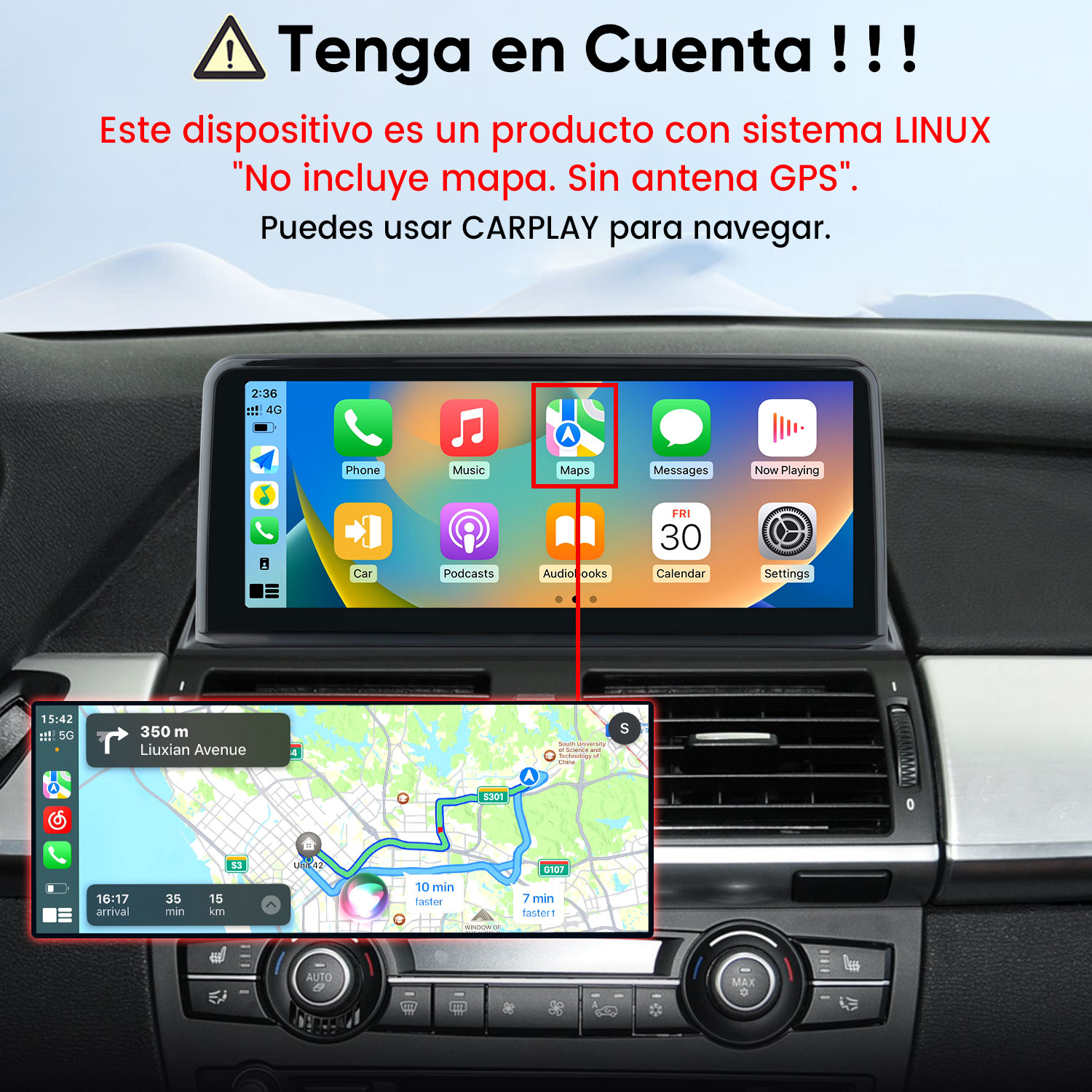 Salpicadero de coche con pantalla digital y Apple CarPlay integrado.