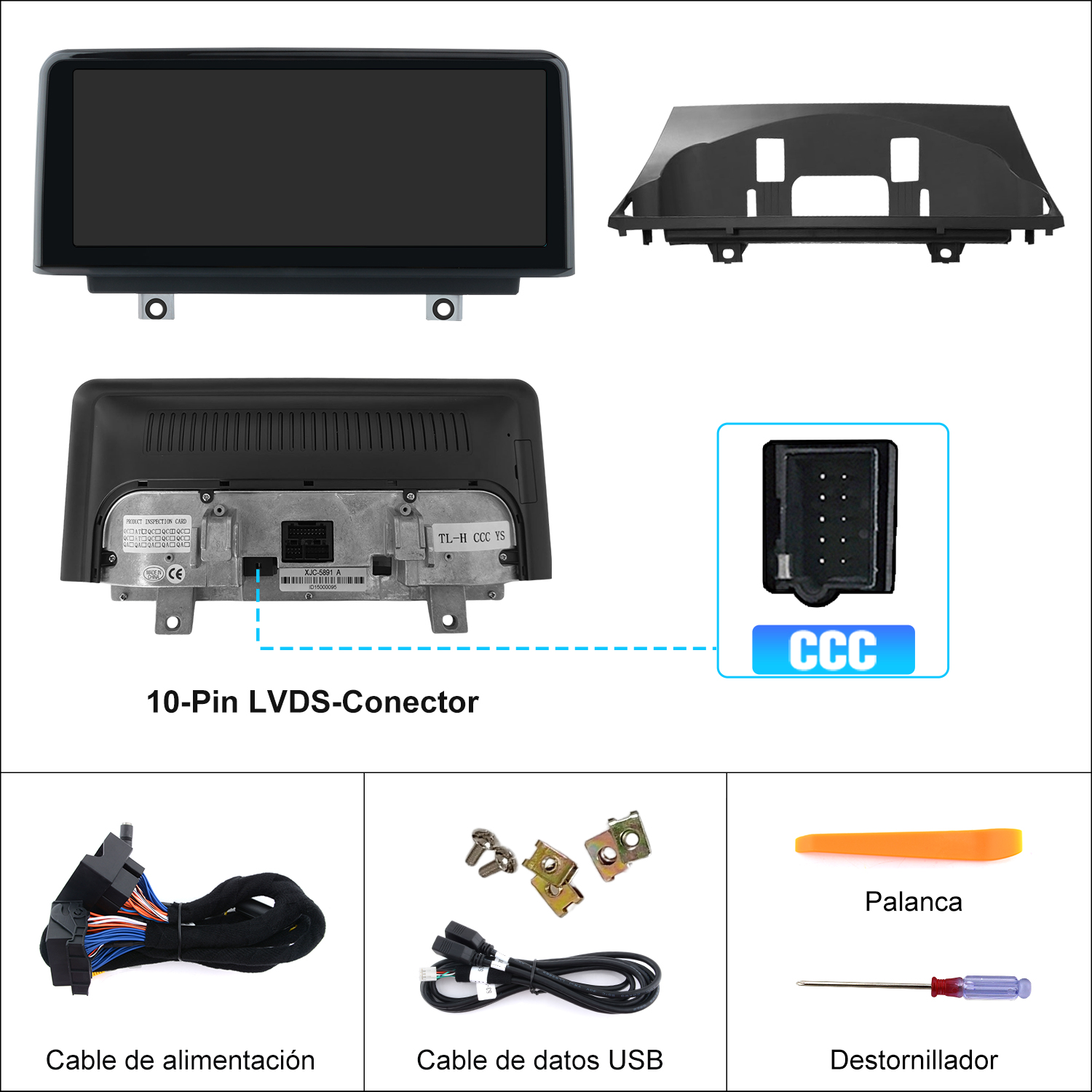 Pantalla de coche, conector LVDS de 10 pines, cables, tornillos, palanca y destornillador sobre fondo blanco.