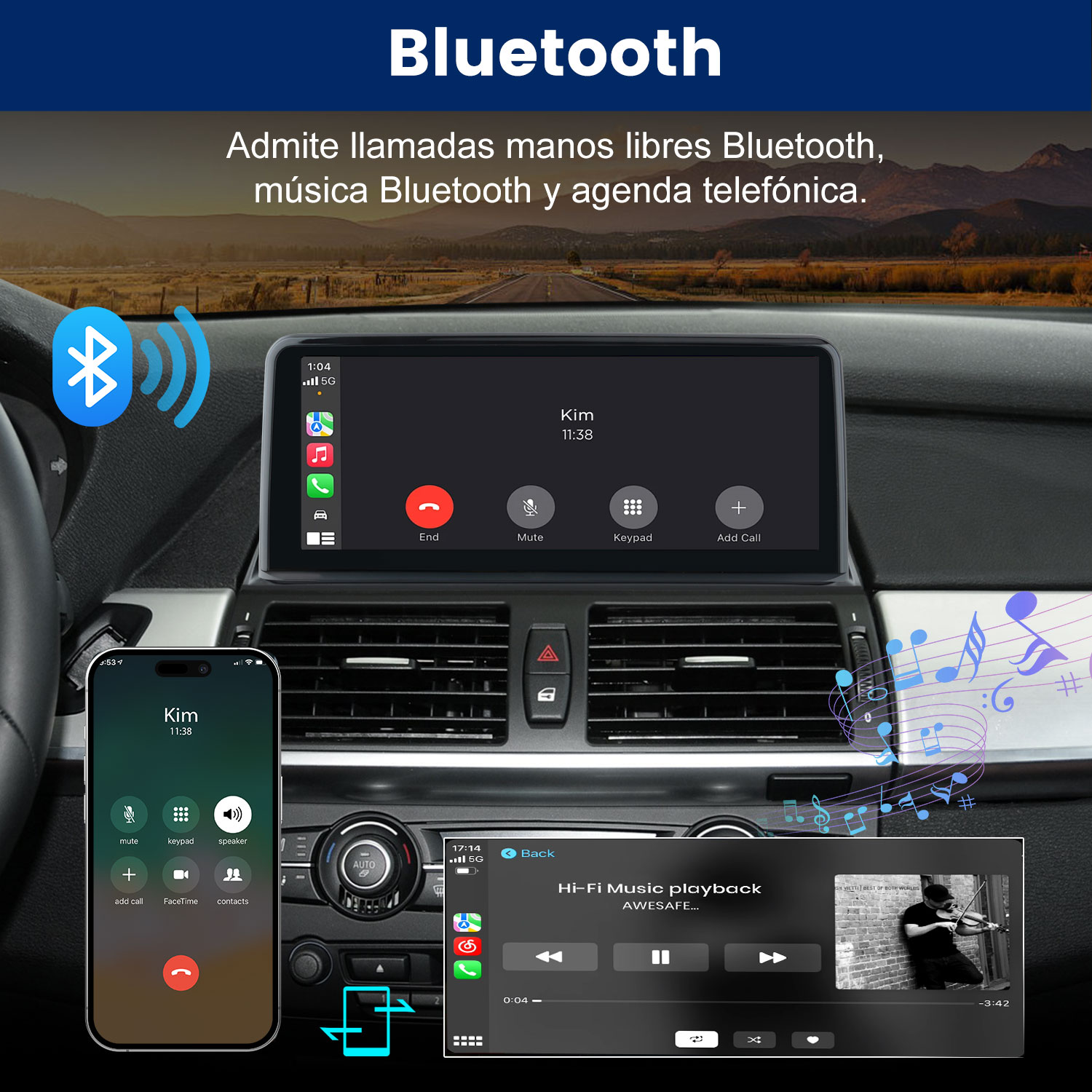 Interior de coche con pantalla CarPlay, teléfono conectado y superposición de música.