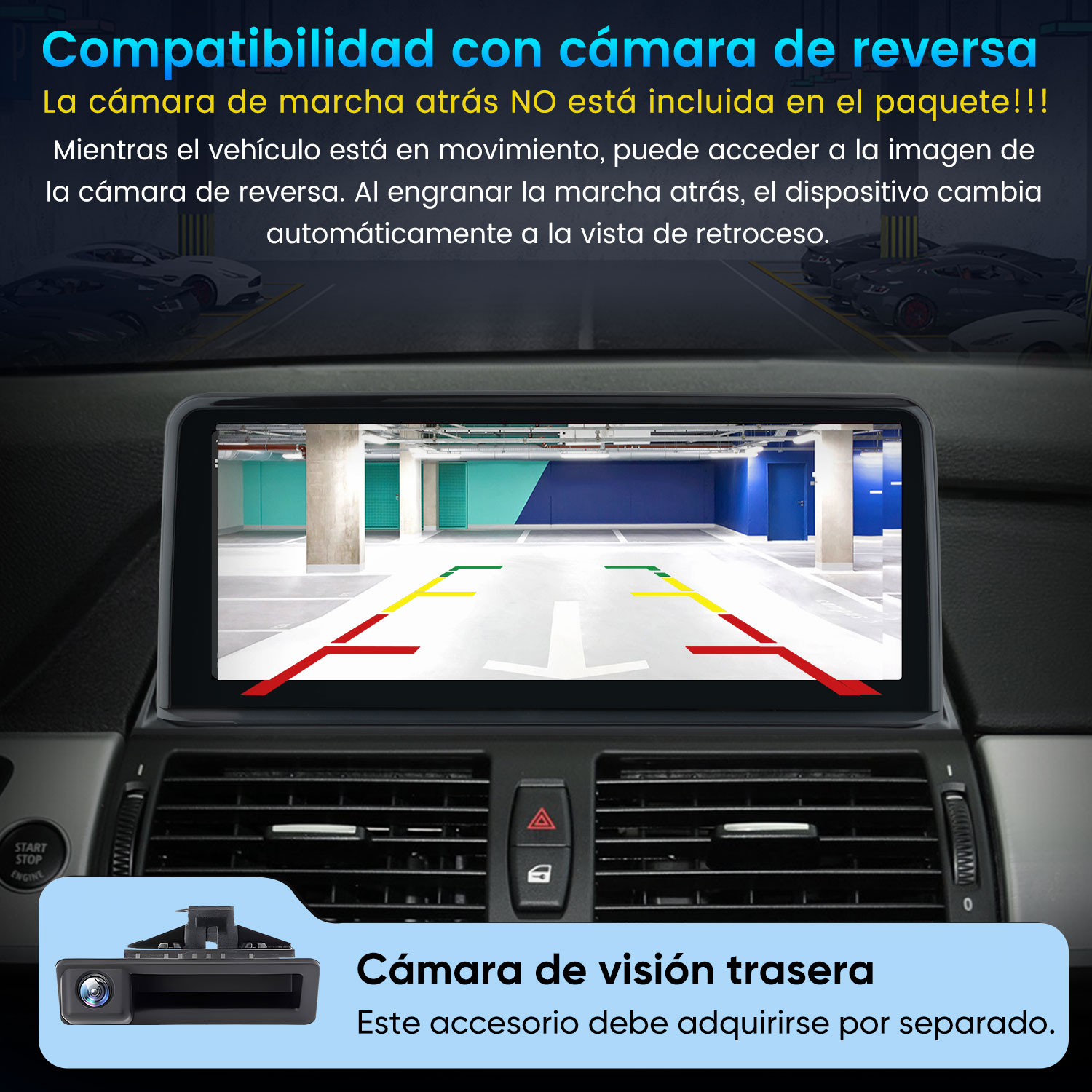 Pantalla de coche mostrando la vista de cámara trasera en garaje.