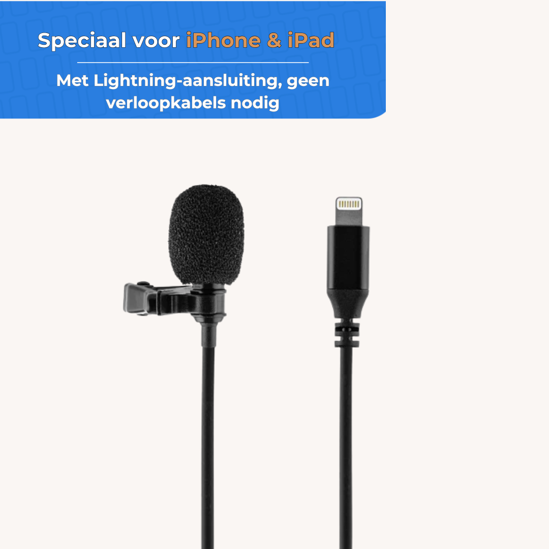Een zwarte daspeldmicrofoon met clip en een lightning-aansluitkabel.