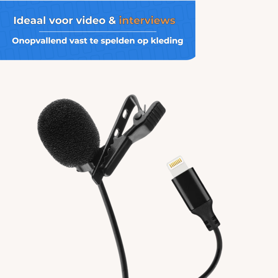 Een zwarte opspeldbare microfoon met clip en Lightning-connector.