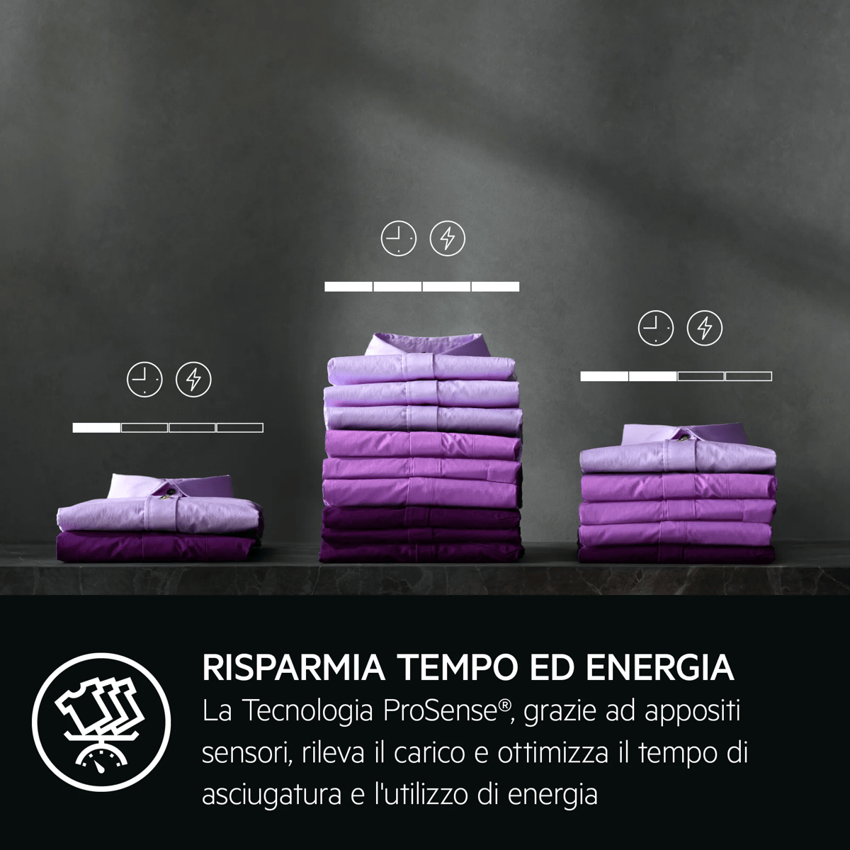 Tre pile di camicie viola con indicatori di tempo ed energia e testo sulla tecnologia ProSense.