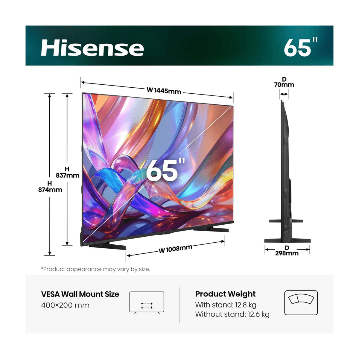Diagrama de dimensiones del televisor Hisense de 65 pulgadas con ancho, alto, profundidad, VESA y peso.