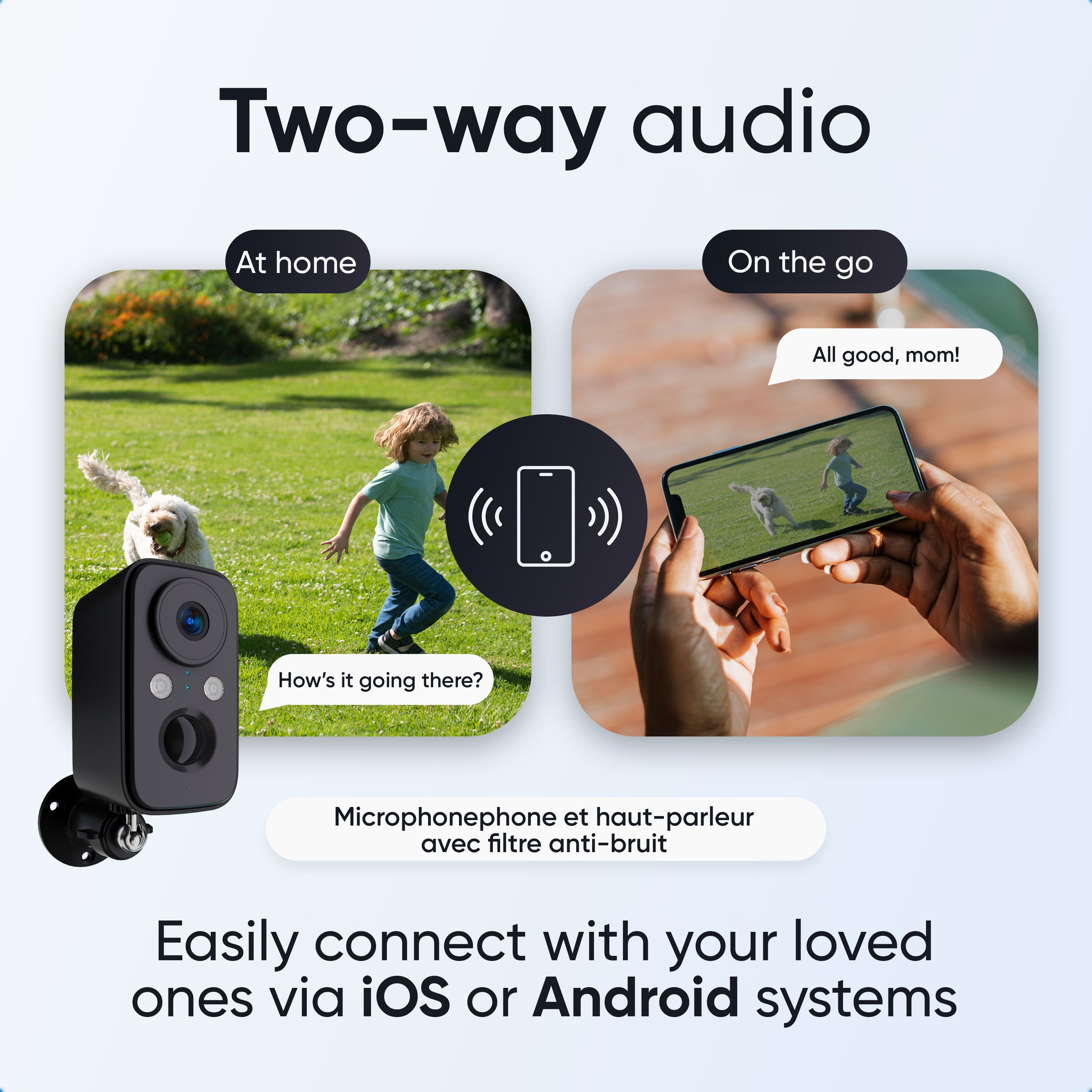Tweeweg-audio beveiligingscamerafunctie met live videostreaming op een smartphone.