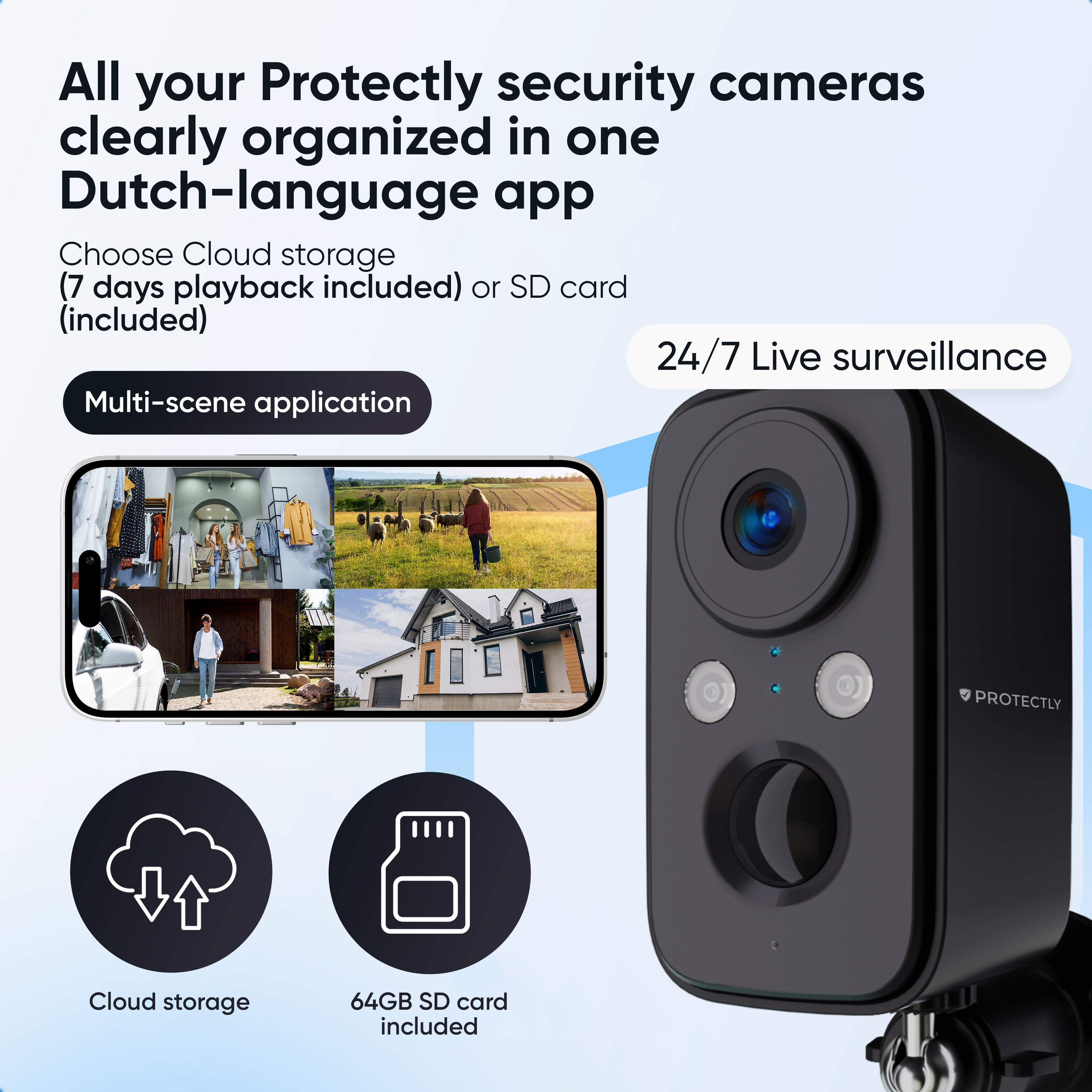 Promotiebeeld voor Protectly beveiligingscamera met app, live meekijken en opslagopties.