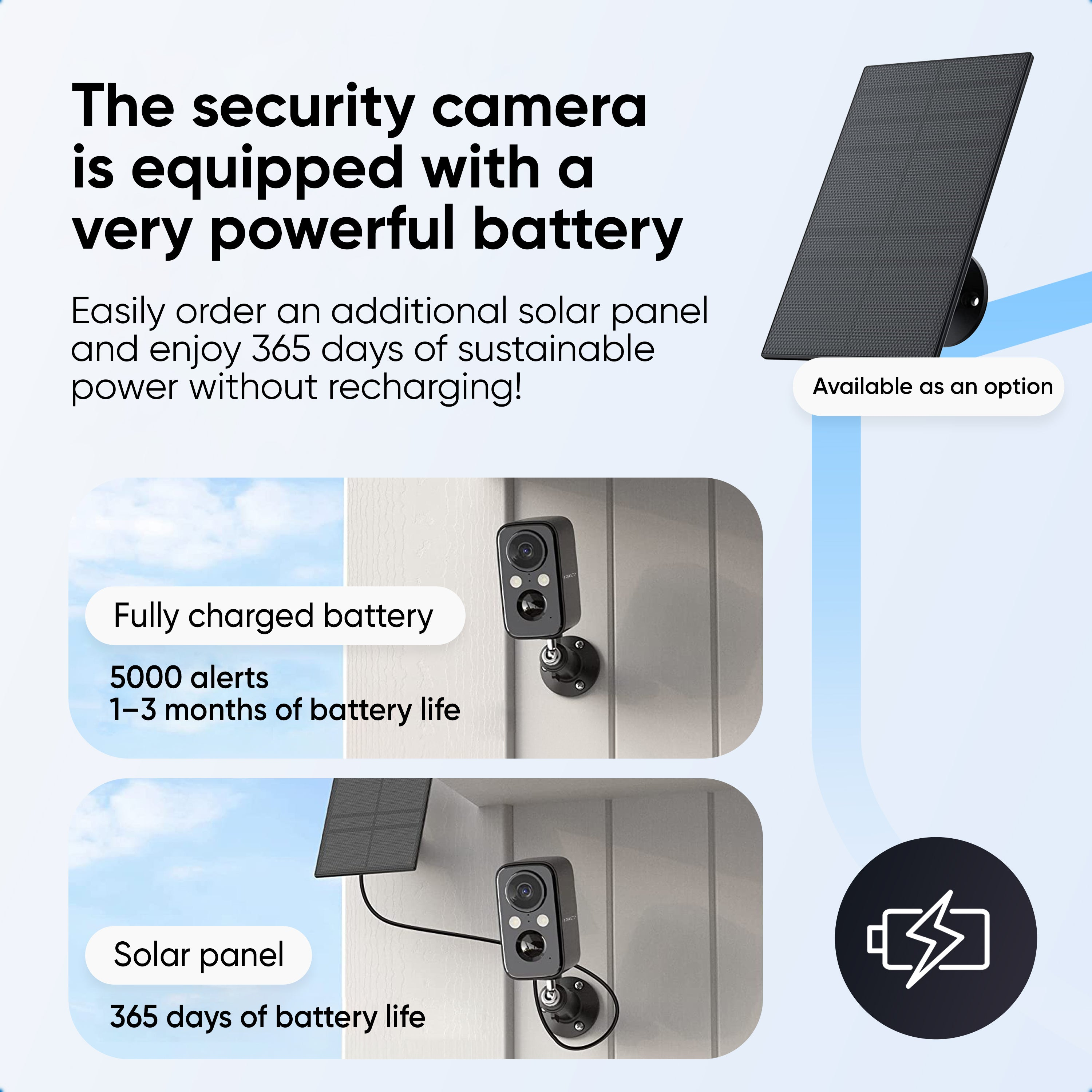 Beveiligingscamera met krachtige batterij en optioneel zonnepaneel voor 365 dagen.