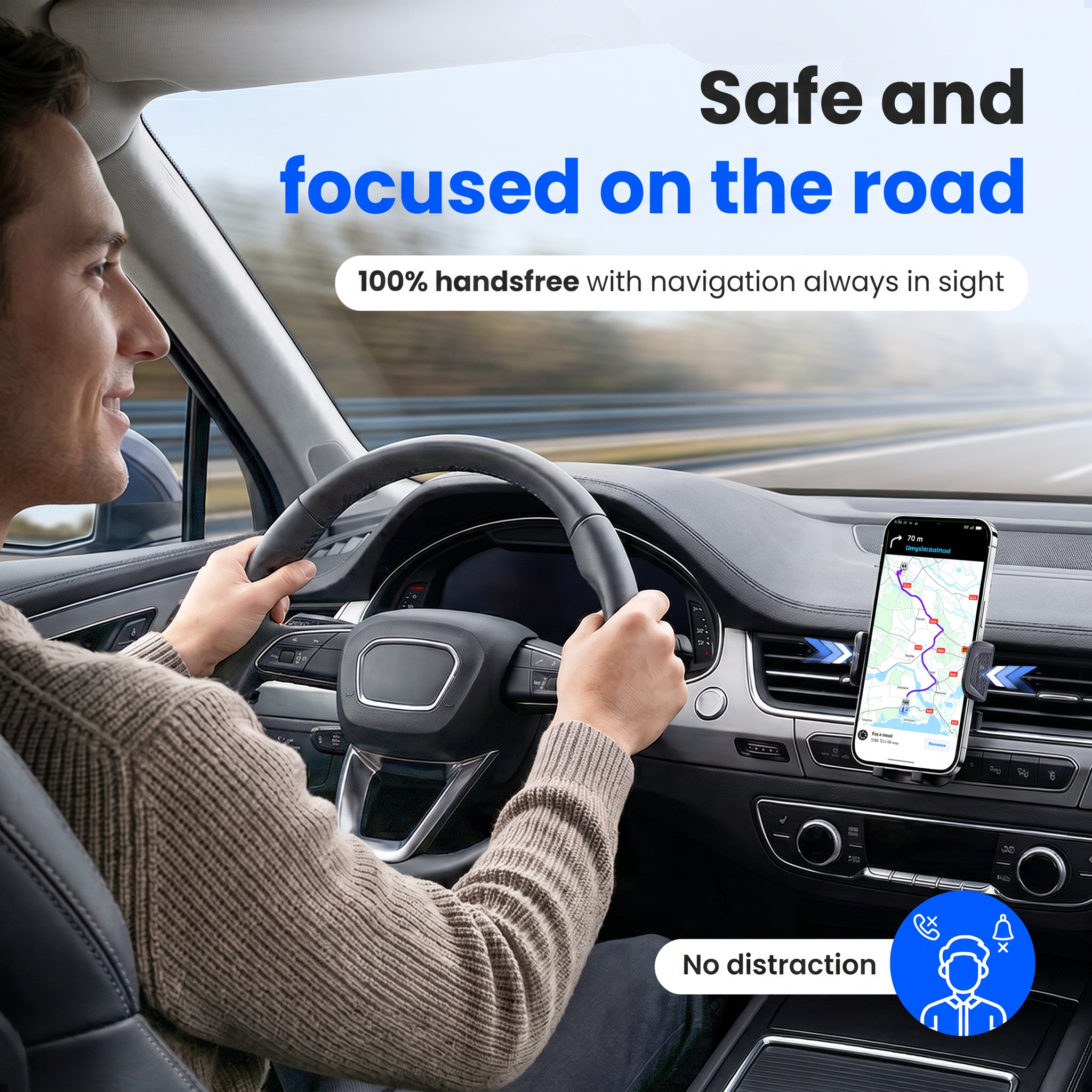 Un conducteur tient le volant tandis qu'un smartphone avec navigation est monté sur le tableau de bord.