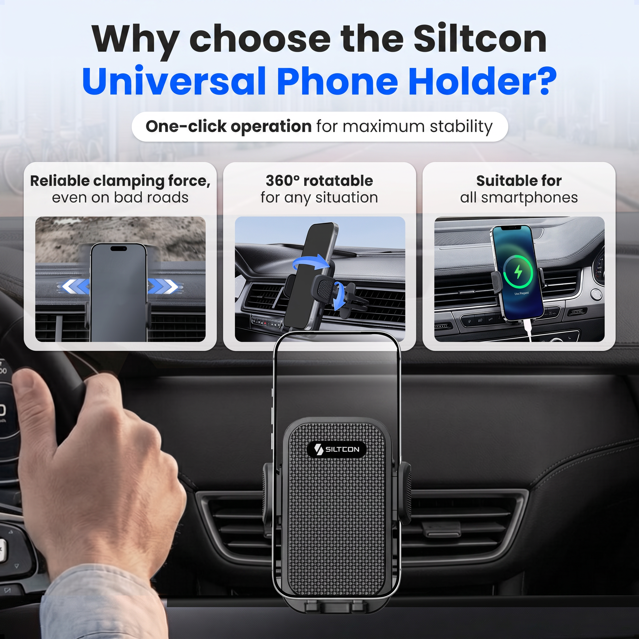 Image promotionnelle du support de voiture universel Siltcon avec trois exemples.