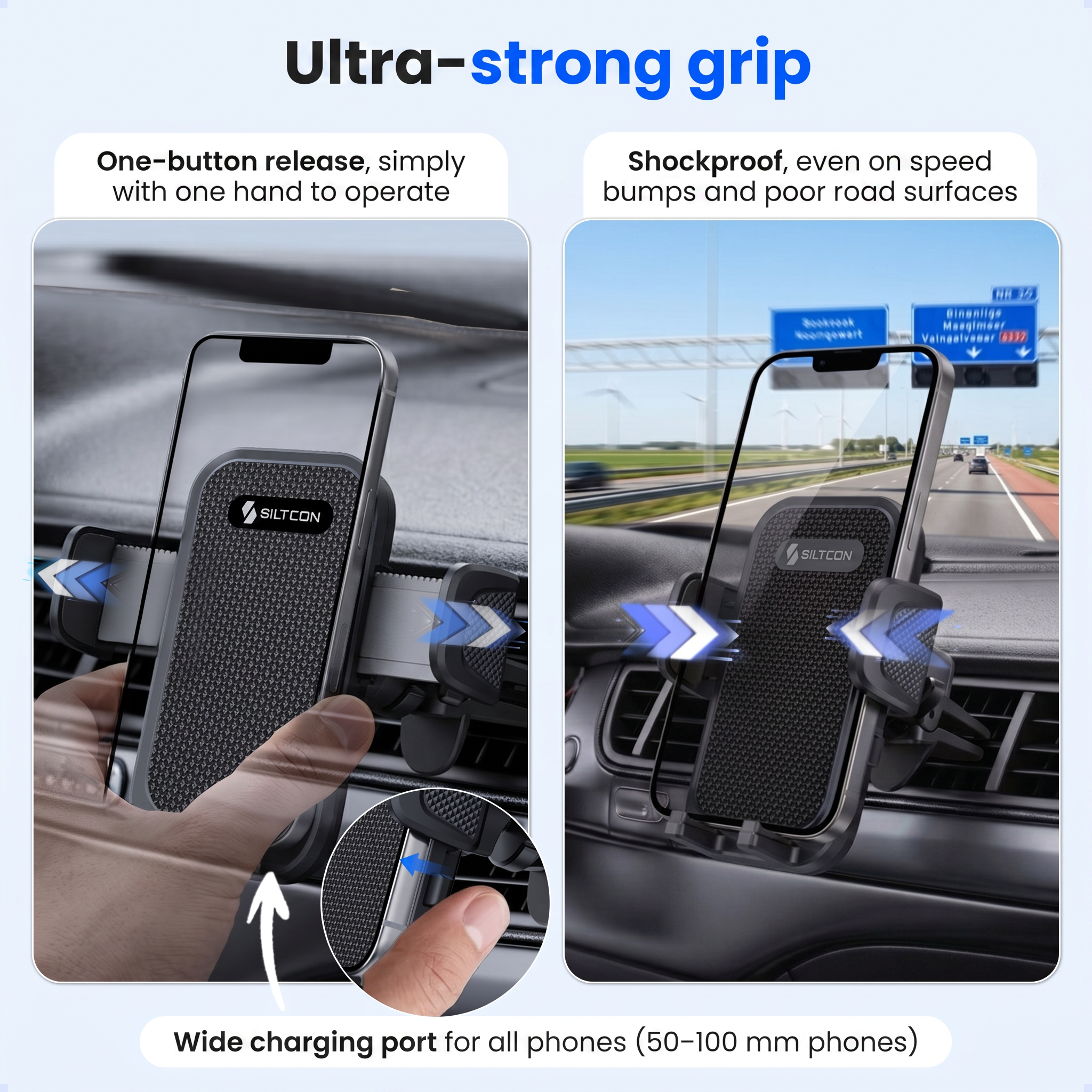 Support de téléphone de voiture avec prise solide et libération à un bouton, monté sur une grille.