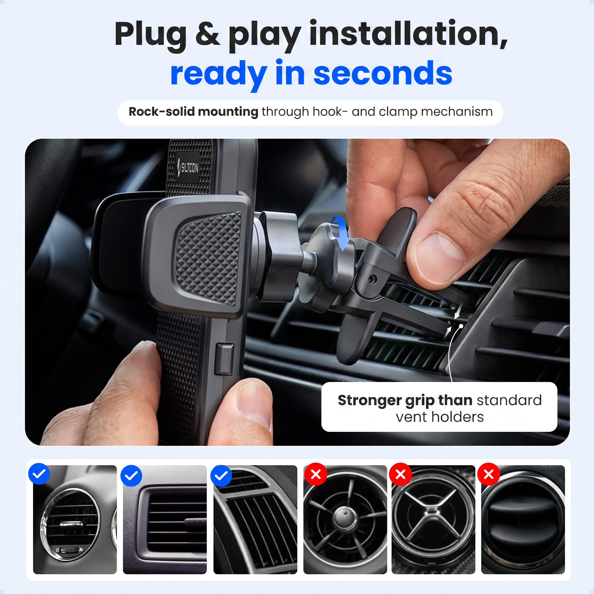 Une main monte un support de téléphone de voiture sur une grille d'aération.