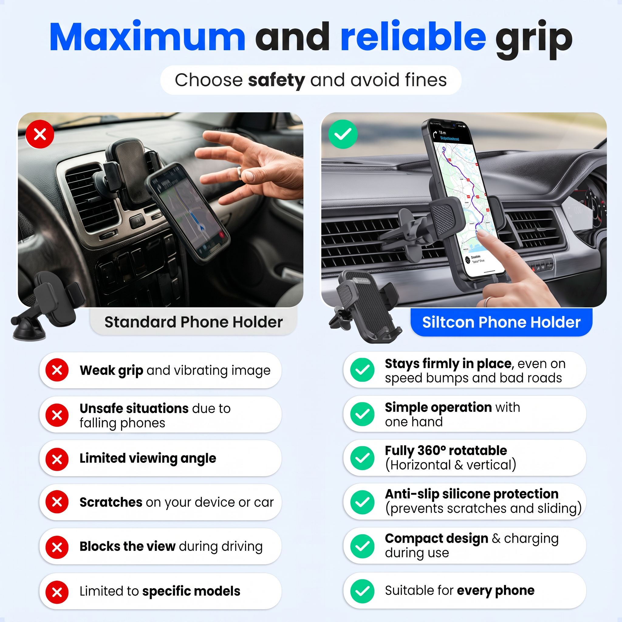 Comparaison entre un support de téléphone de voiture standard fragile et un support en silicone stable.