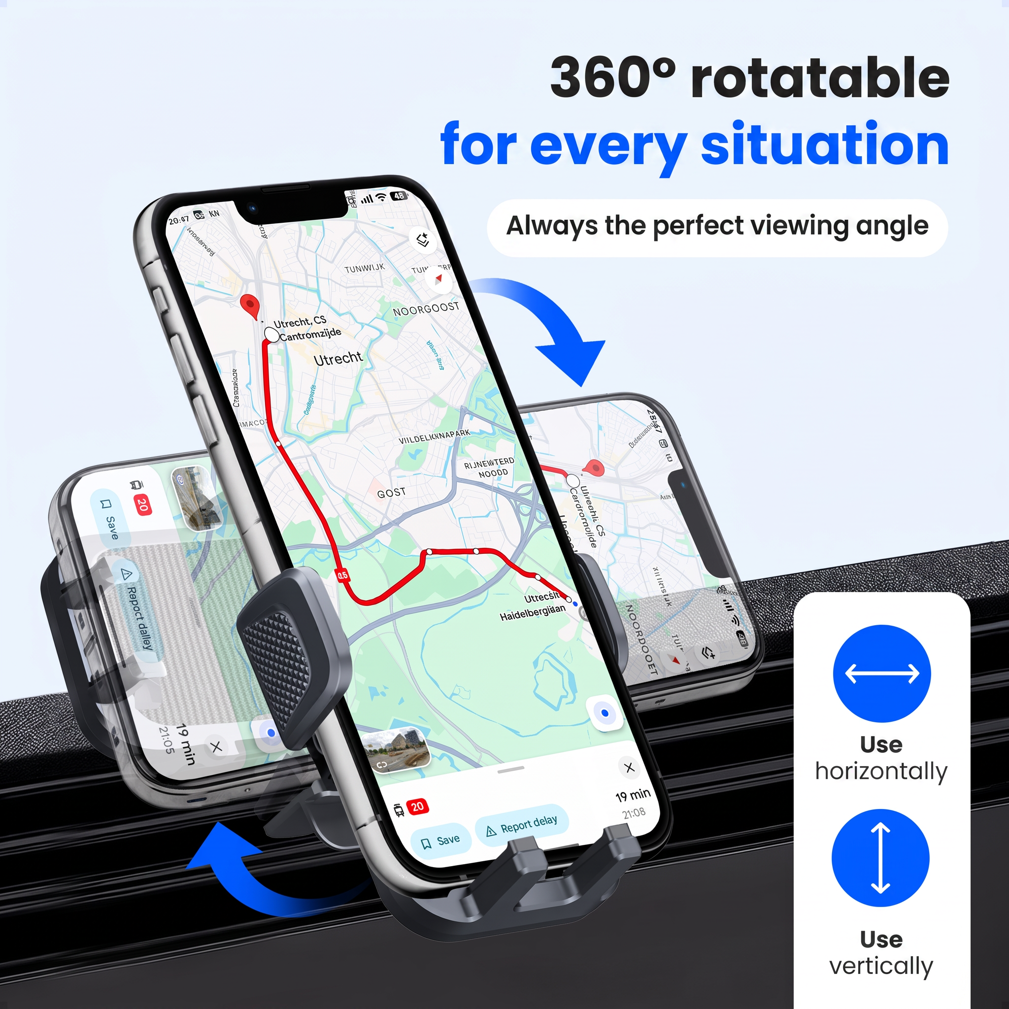 Smartphone sur support noir avec navigation GPS, rotatif à 360 degrés pour un usage horizontal ou vertical.