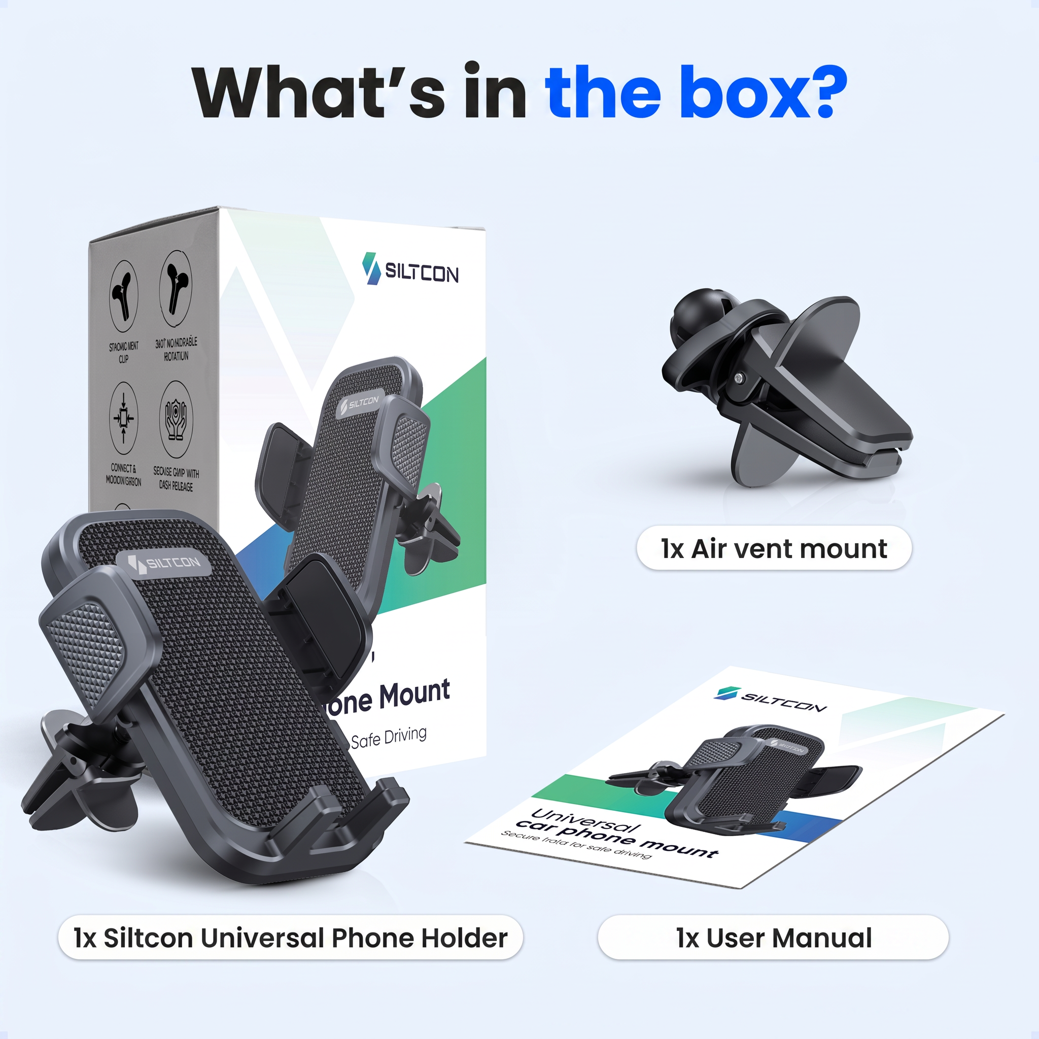 Contenu de la boîte: 1 support de téléphone, 1 fixation d'aération et 1 manuel.