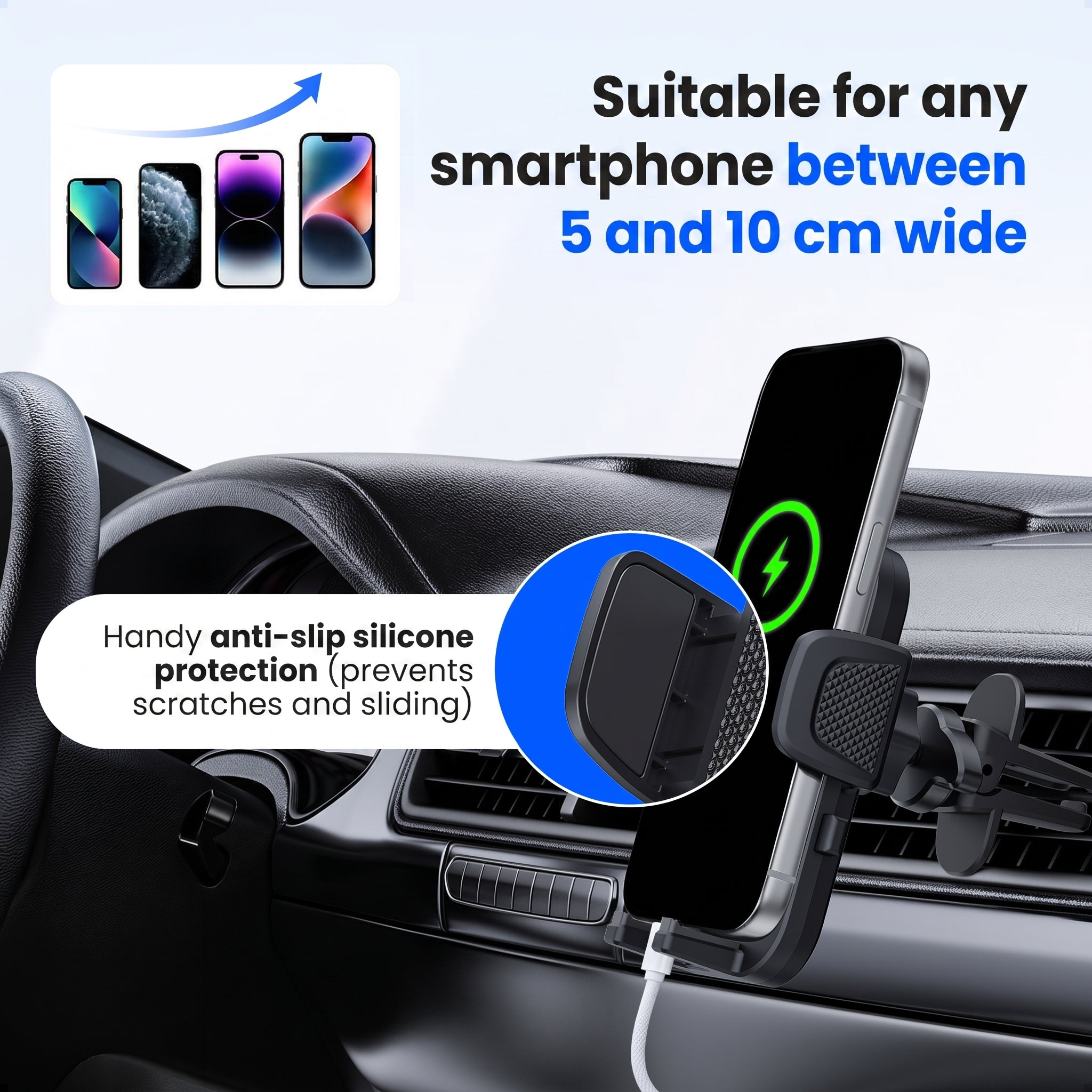 Support de voiture pour smartphones de 5 à 10 cm avec protection en silicone et charge.