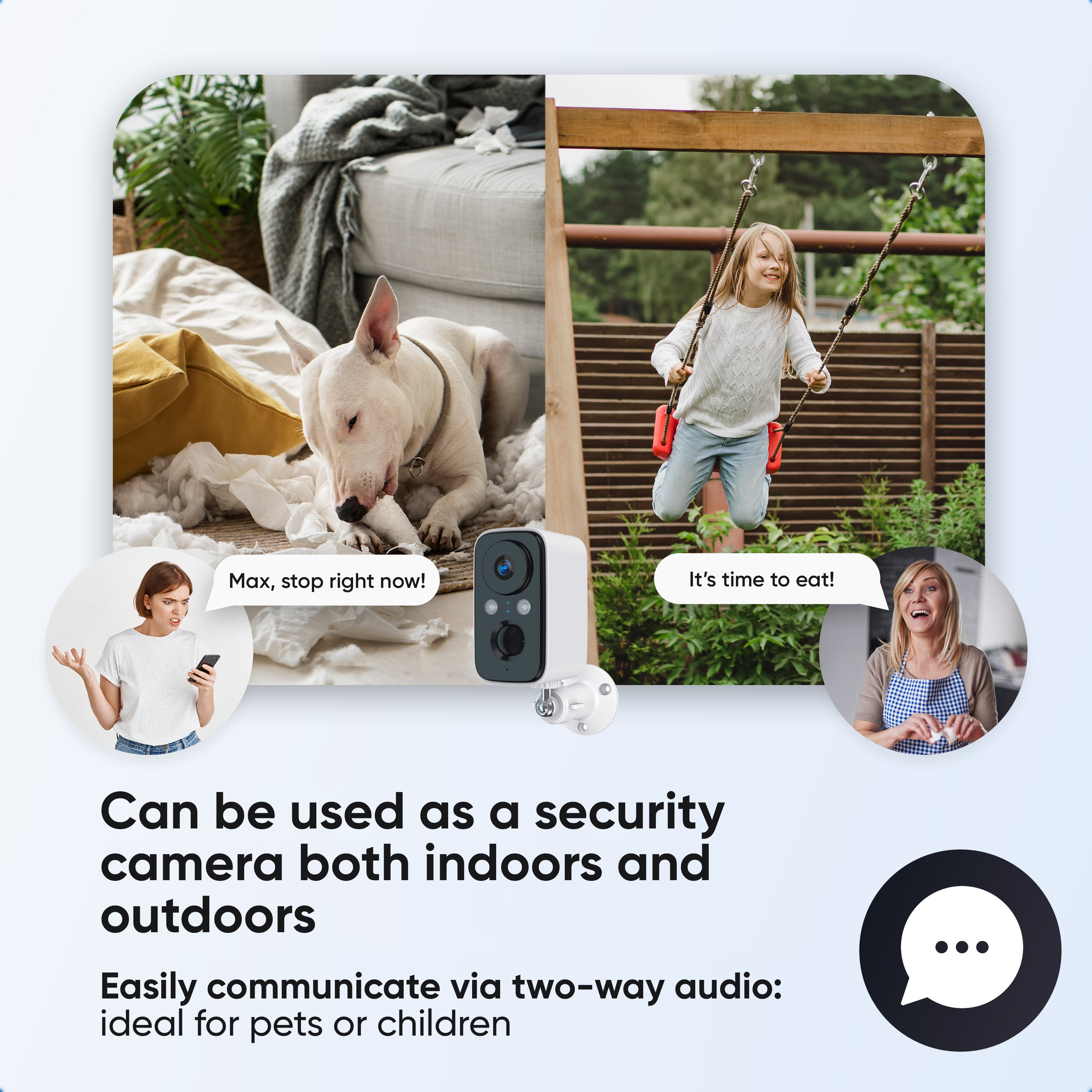 Beveiligingscamera voor binnen en buiten met tweewegaudio voor huisdieren en kinderen.