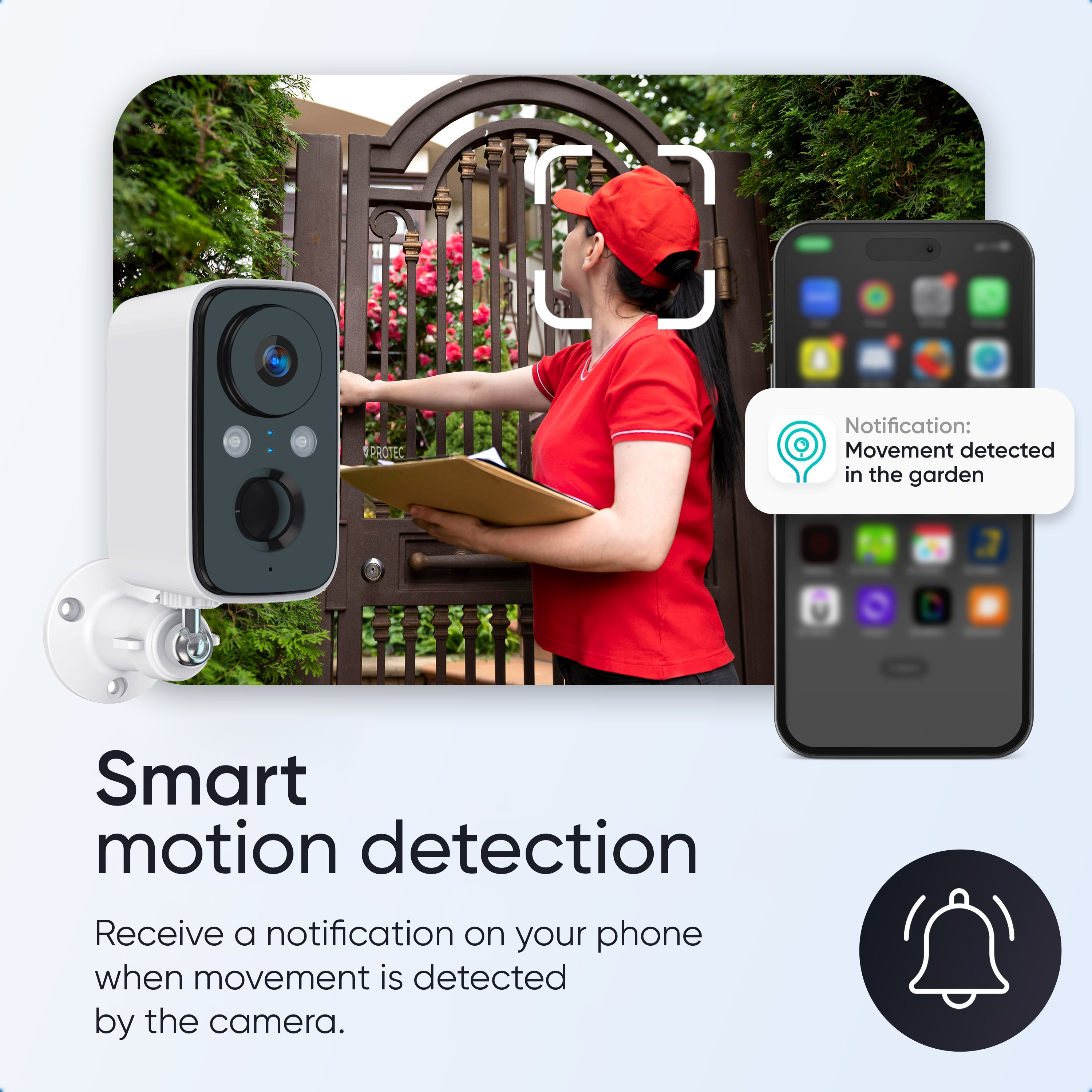 Beveiligingscamera en smartphone met bewegingsmelding en bezorger op de achtergrond.