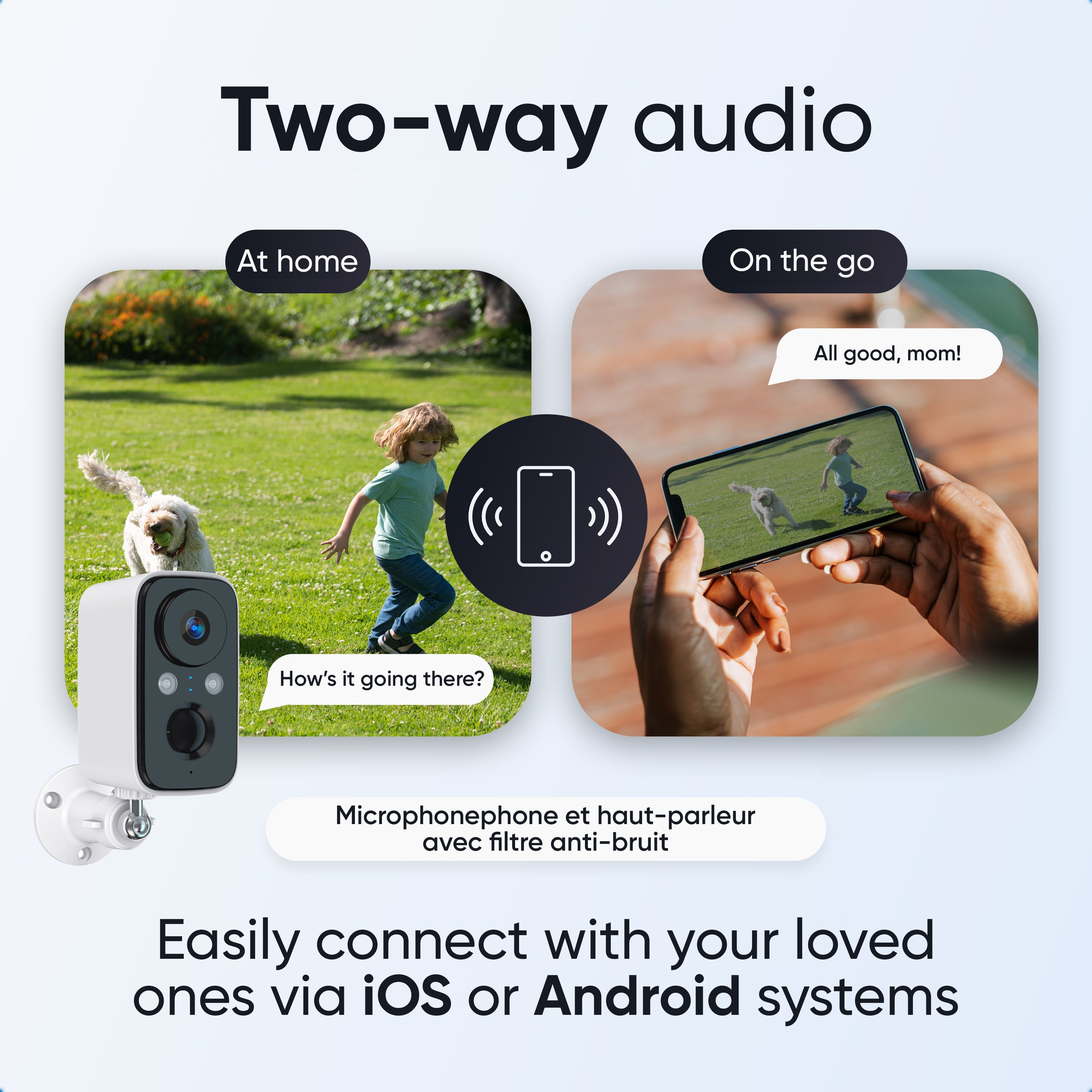 Tweedeweg audiocamera toont spelend kind en hond, verbonden met smartphone voor communicatie.