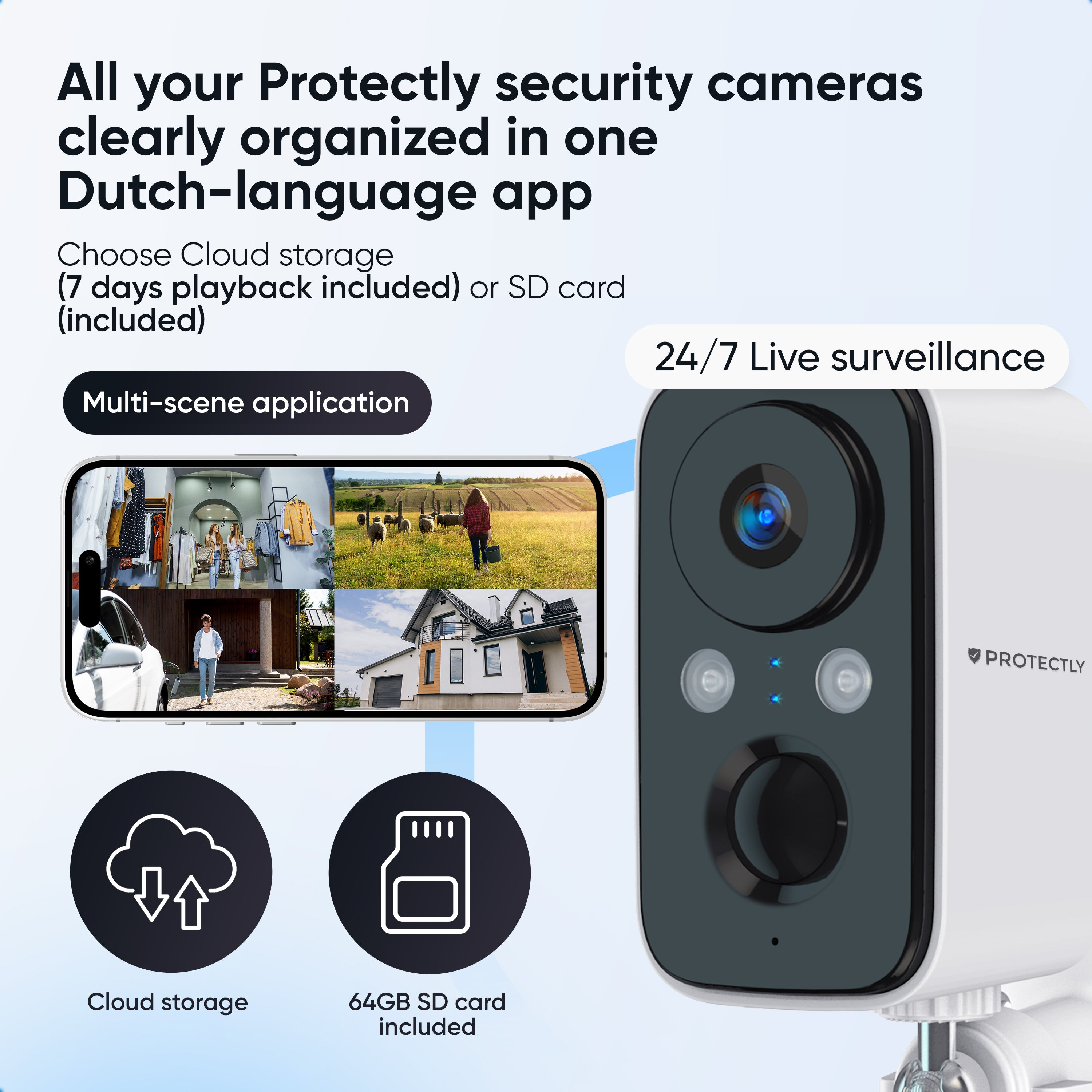 Beveiligingscamera met app, cloudopslag en SD-kaart voor 24/7 bewaking.