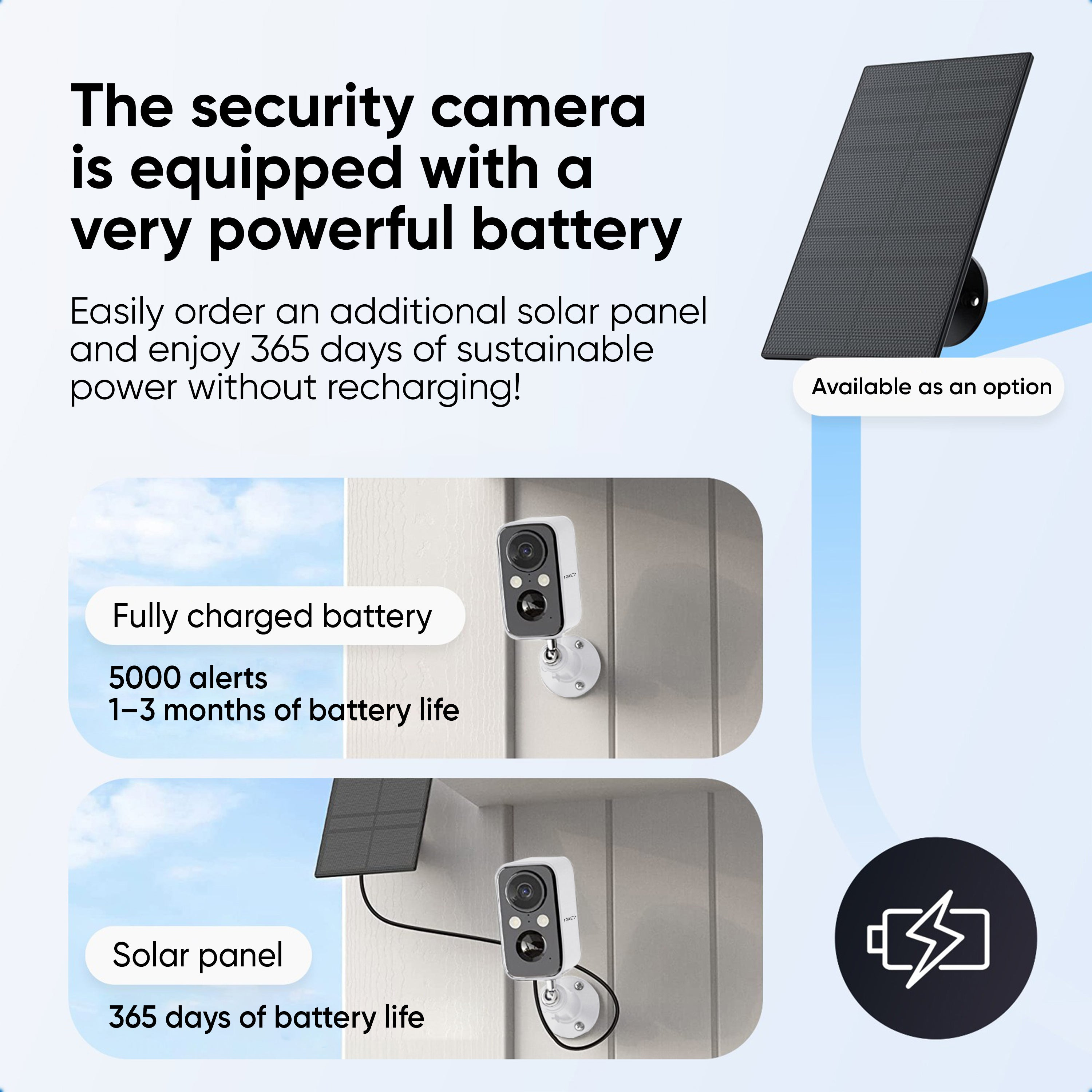 Beveiligingscamera met batterij en optioneel zonnepaneel voor 365 dagen stroom.