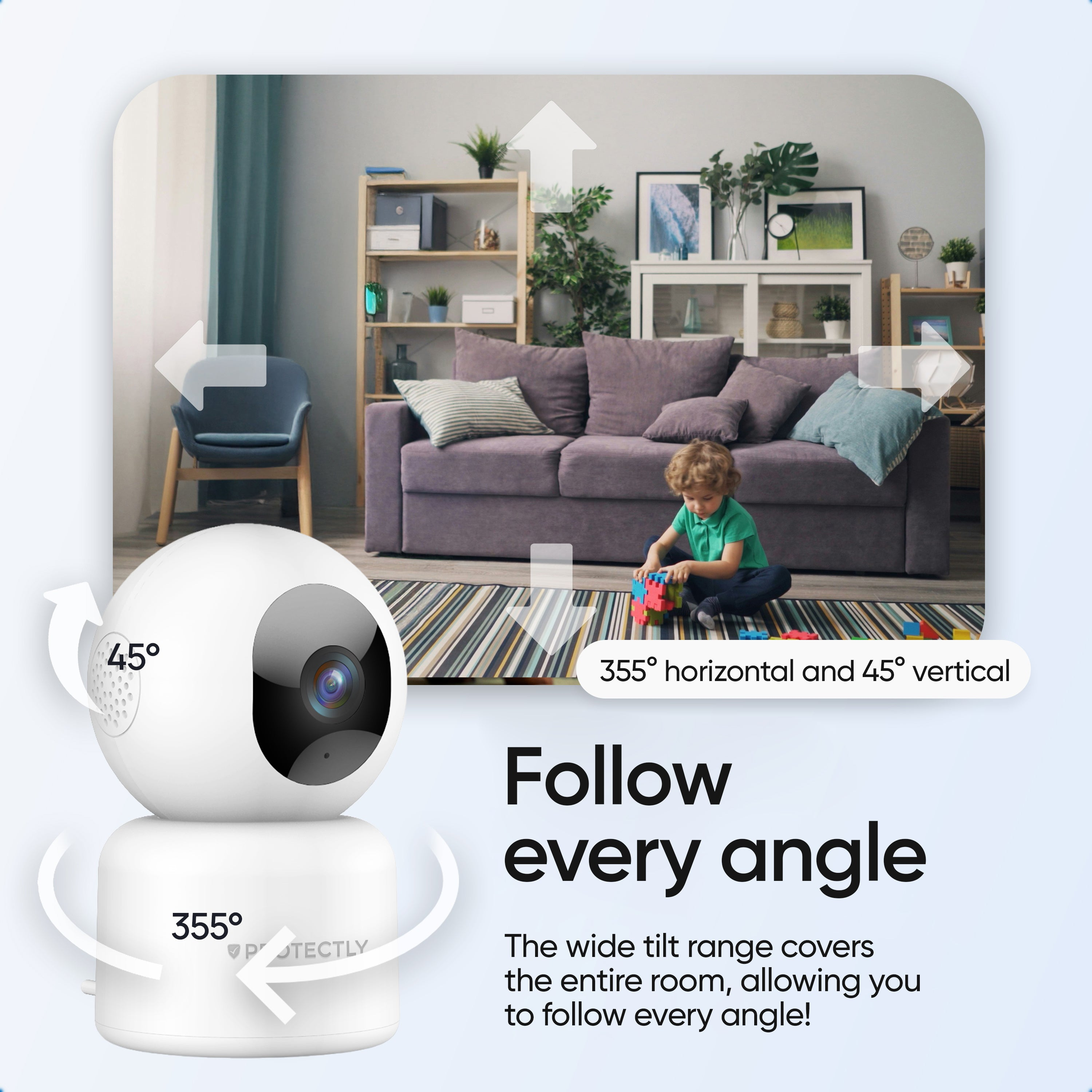 Een witte beveiligingscamera toont een livebeeld van een woonkamer met een spelend kind.