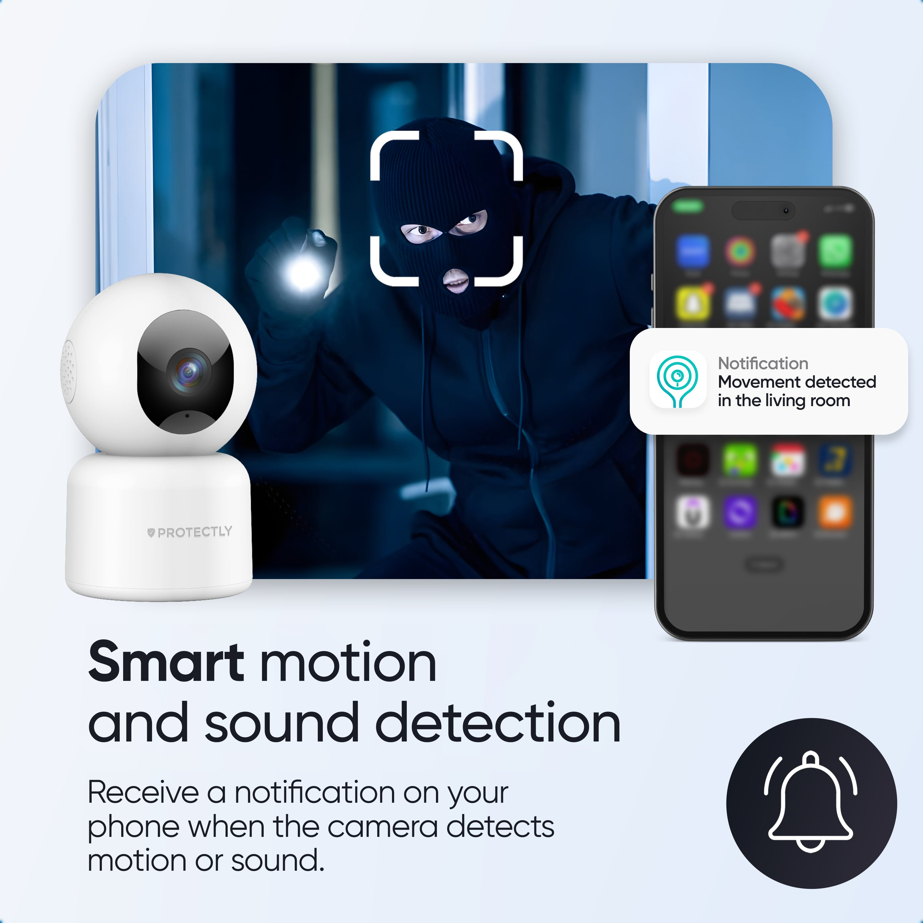Beveiligingscamera en smartphone tonen bewegingsdetectie van een inbreker.