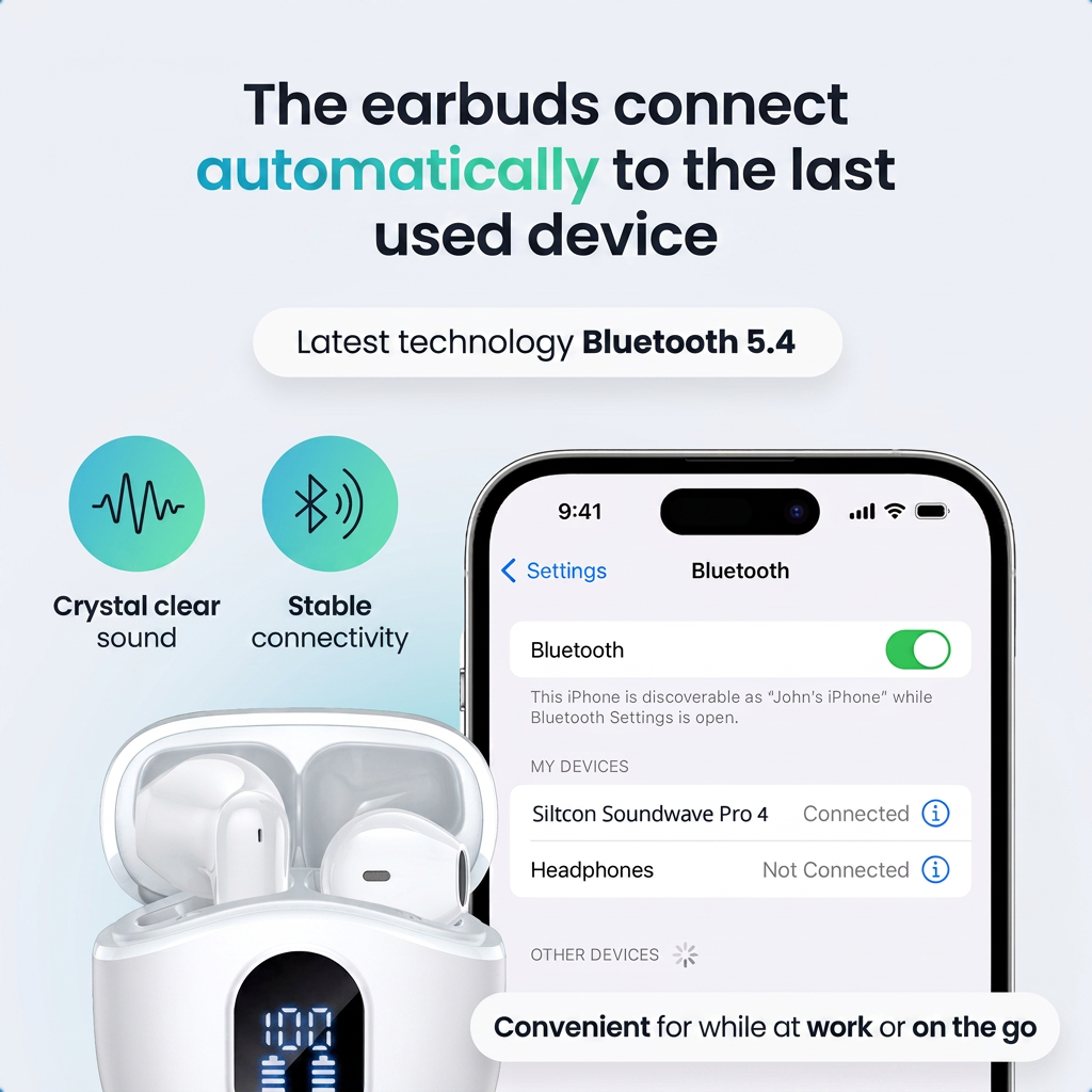 Bluetooth-Ohrhörer mit automatischer Verbindung und Smartphone-Bildschirm mit Bluetooth-Einstellungen.