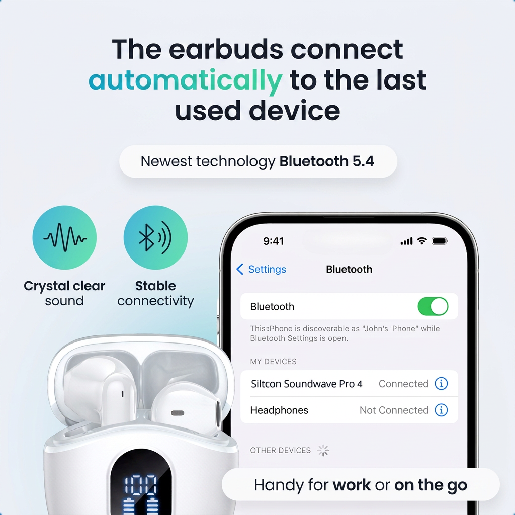 Werbebild für Bluetooth-Ohrhörer mit automatischer Verbindung, modernem Design und Smartphone-Schnittstelle.