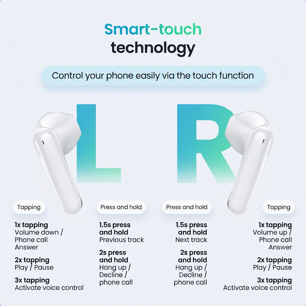 Diagramm zeigt die Smart-Touch-Steuerung für weiße Ohrhörer mit Anweisungen für den linken und rechten Kopfhörer.
