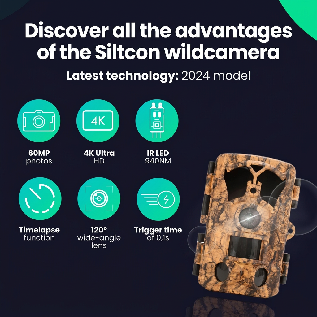 Promotiebeeld van een Siltcon wildcamera met technische specificaties op donkere achtergrond.
