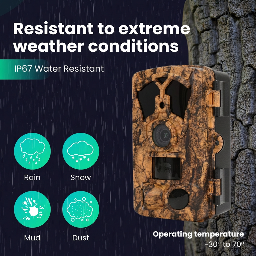 Camouflage wildcamera op een boom in de regen, met extreme weersbestendigheid.