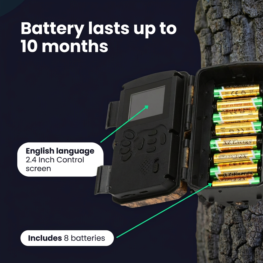 Wildcamera met open batterijvak, 2,4-inch scherm en tekst over batterijduur.