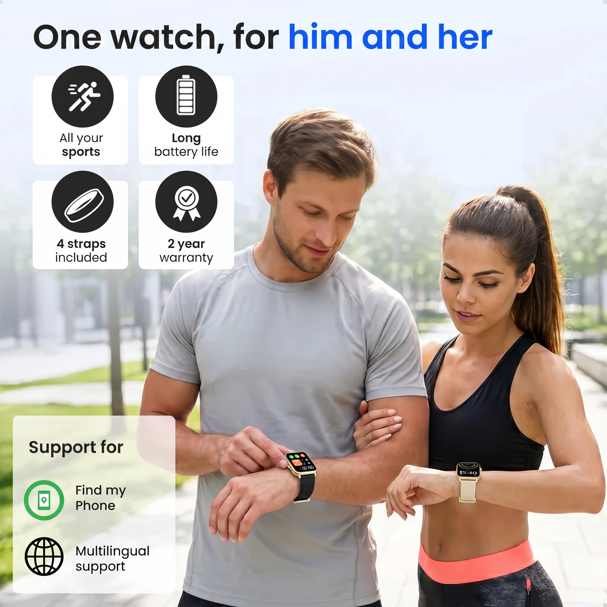 Un homme et une femme en tenue de sport regardent des montres connectées, entourés d'icônes de fonctionnalités.