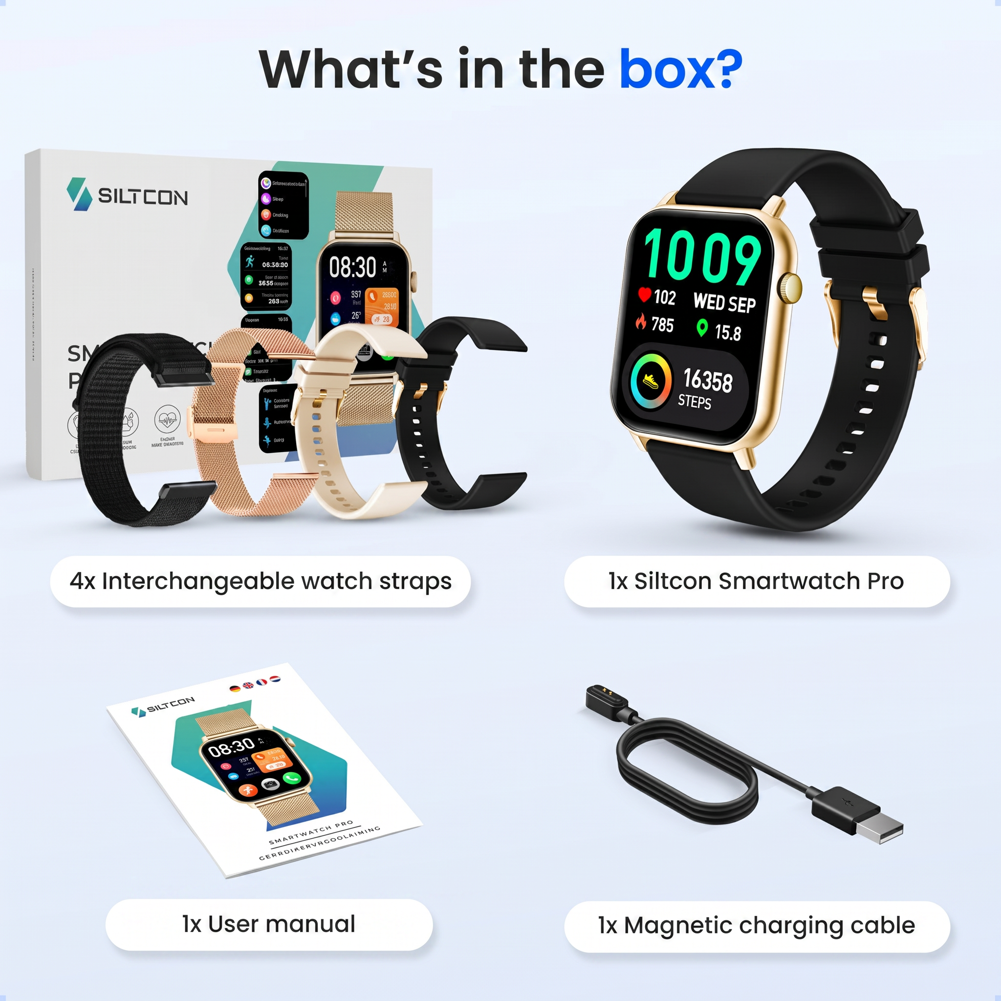 Contenu de la boîte : montre Siltcon Pro, 4 bracelets, mode d'emploi et câble de chargement.