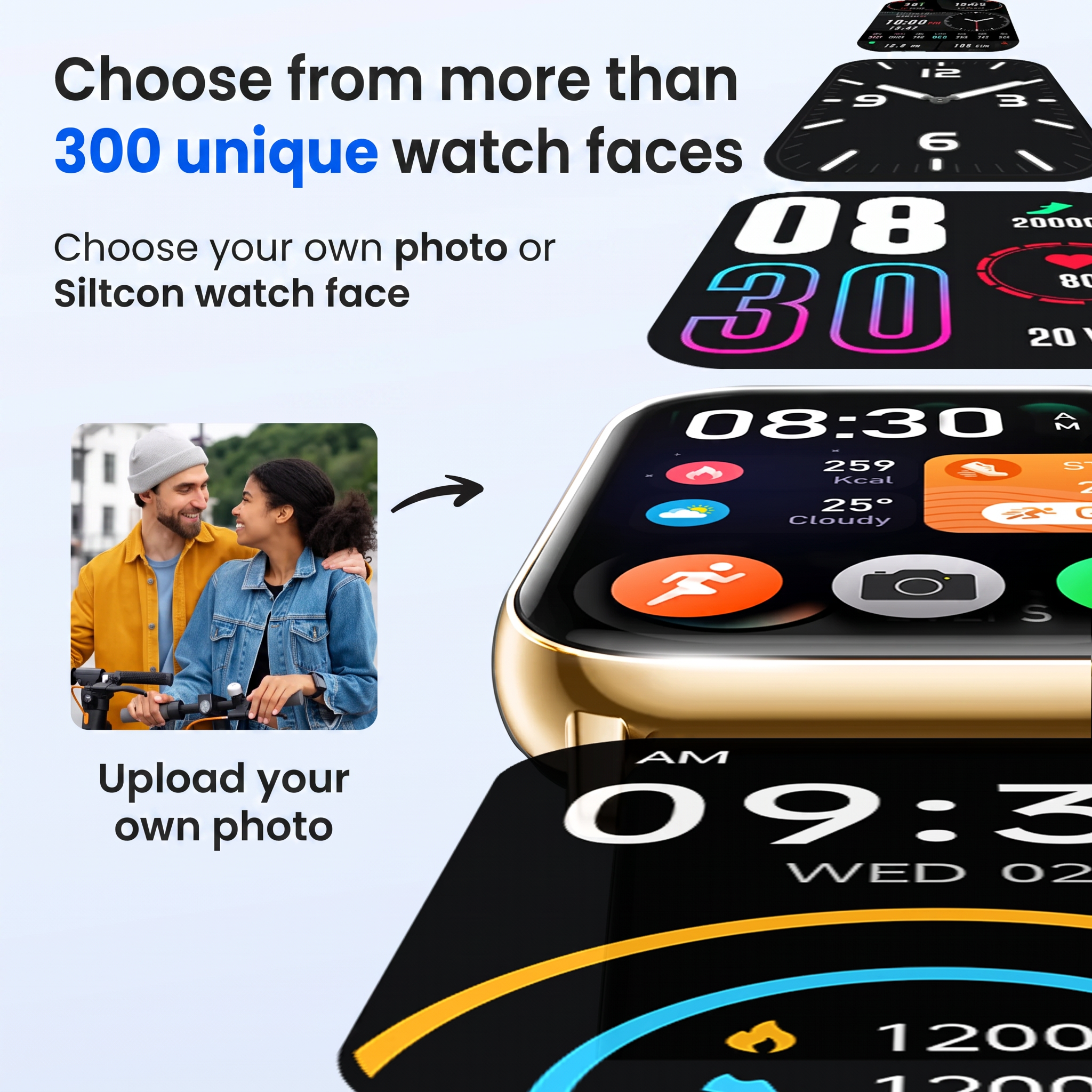 Publicité pour montre connectée avec cadrans personnalisables et photo.