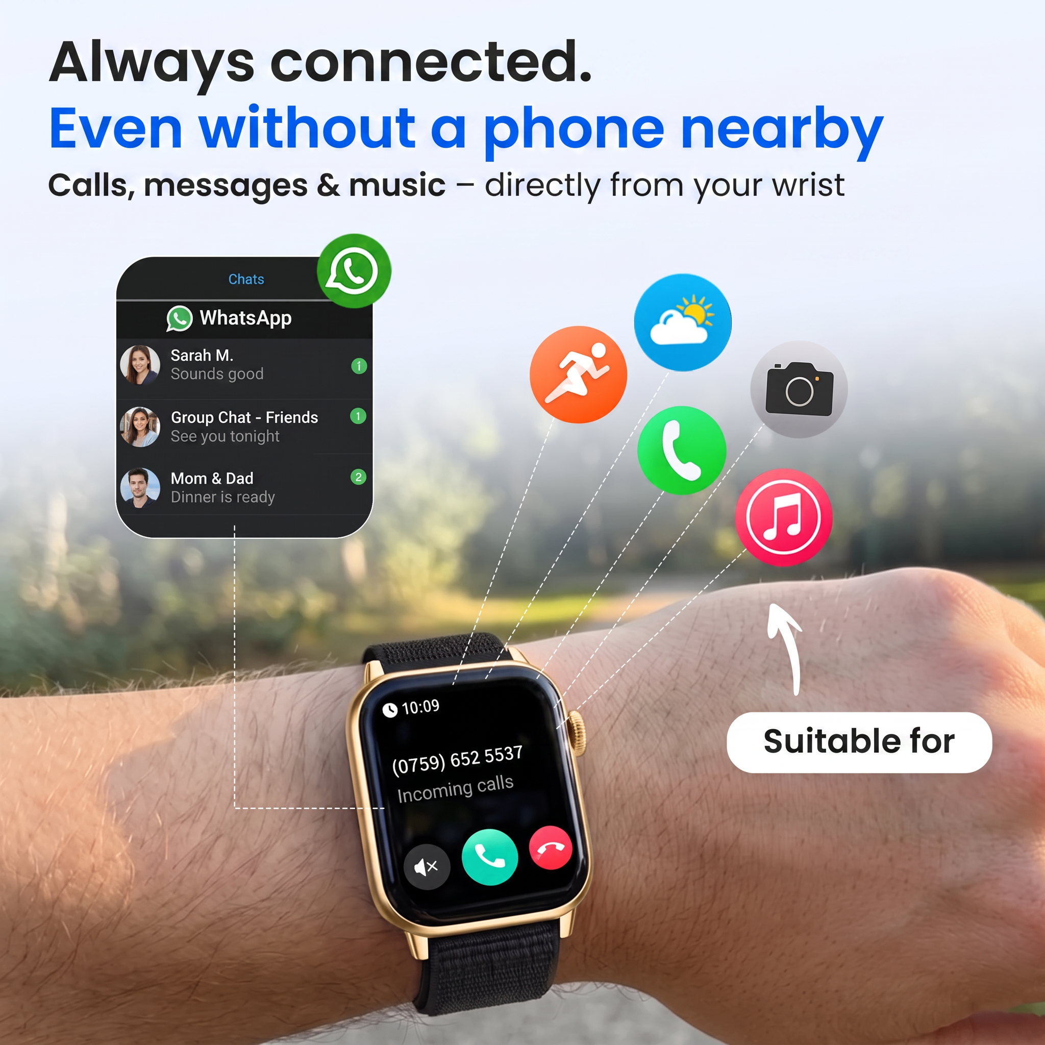 Une montre connectée au poignet affiche les appels, entourée d'icônes d'applications comme WhatsApp et fitness.
