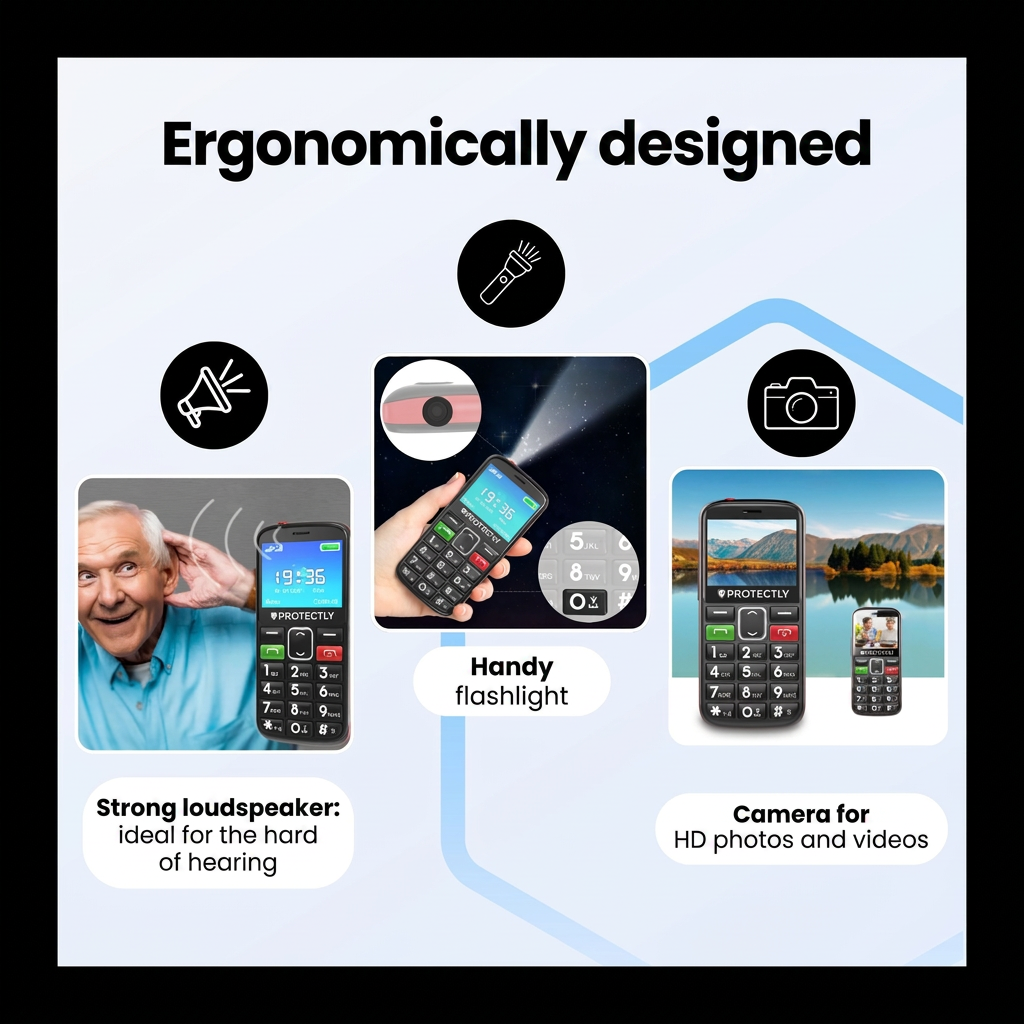 Een infografiek die het ergonomische ontwerp, de luide speaker, zaklamp en HD-camera van een seniorenomoon toont.