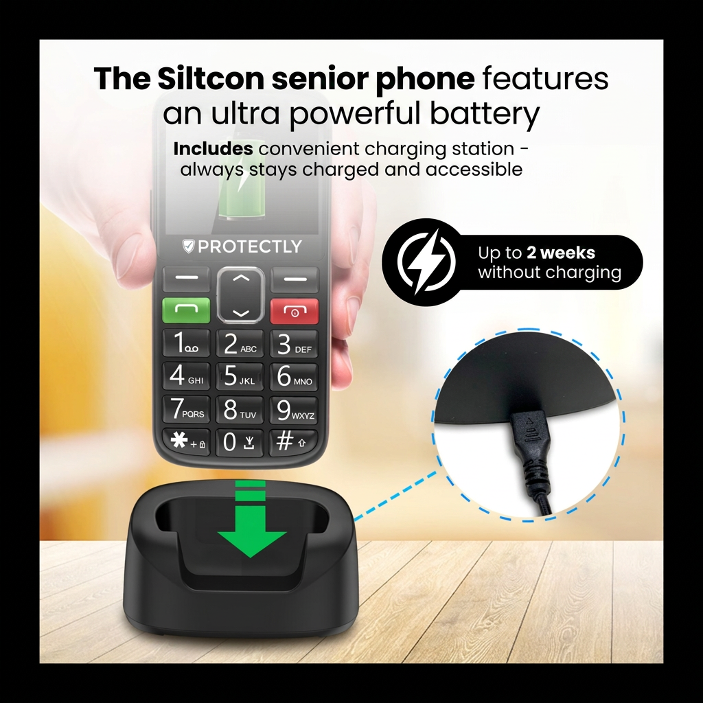 Siltcon seniorentelefoon met groot toetsenbord, oplaadstation en promotietekst.