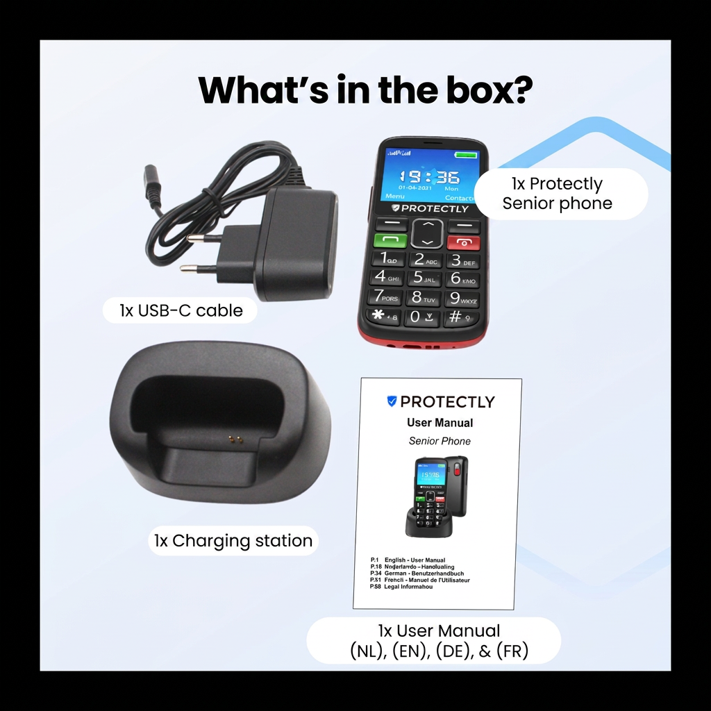 Inhoud van de verpakking: Een Protectly seniorentelefoon, een USB-C oplaadkabel, een oplaadstation en een handleiding.