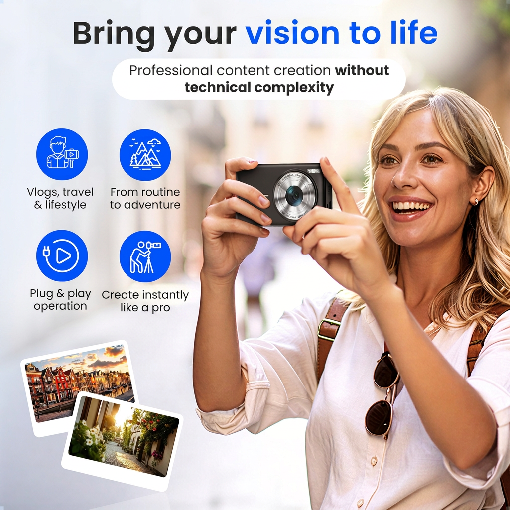 Een glimlachende vrouw houdt een zwarte compacte camera vast, omringd door promotietekst en iconen.