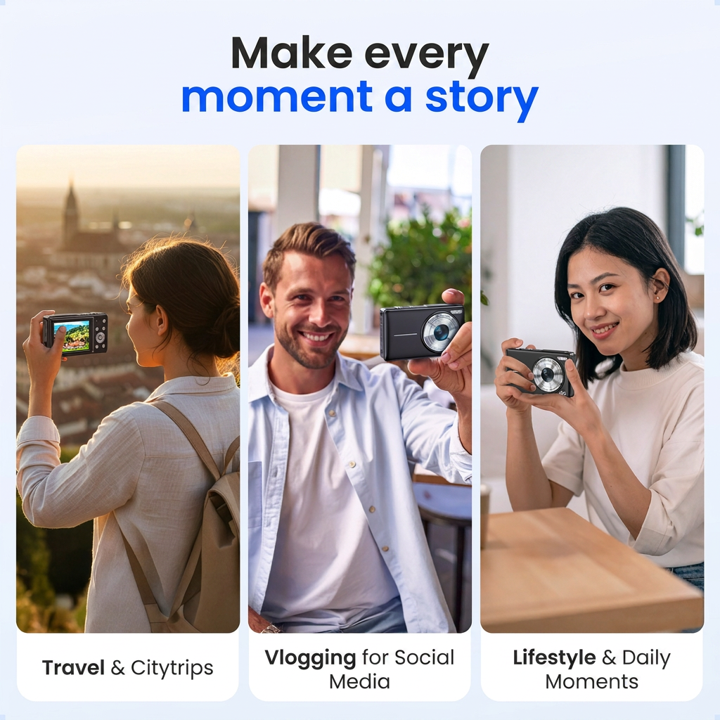 Drie panelen tonen mensen die compactcamera's gebruiken voor reizen, vloggen en dagelijkse momenten, met de tekst Make every moment a story.