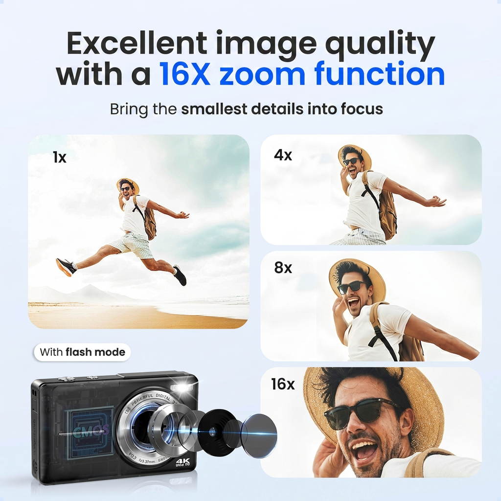 Productafbeelding toont 16x zoomfunctie van een camera met voorbeeldfoto's.