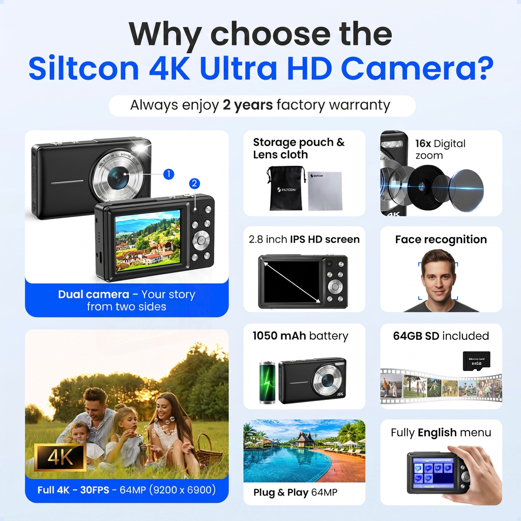 Productadvertentie voor Siltcon 4K Ultra HD-camera met dubbele camera, 16x zoom en accessoires.
